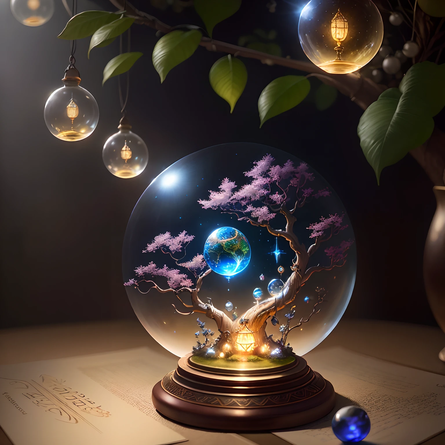 Postcard with a glass sphere containing a mystical tree emitting music, many beautiful spectral lights, oil painting, high detail, fine details in relief, art style, rendering octane, current in Artstation, high studio lighting, high detail, codex seraphinianus