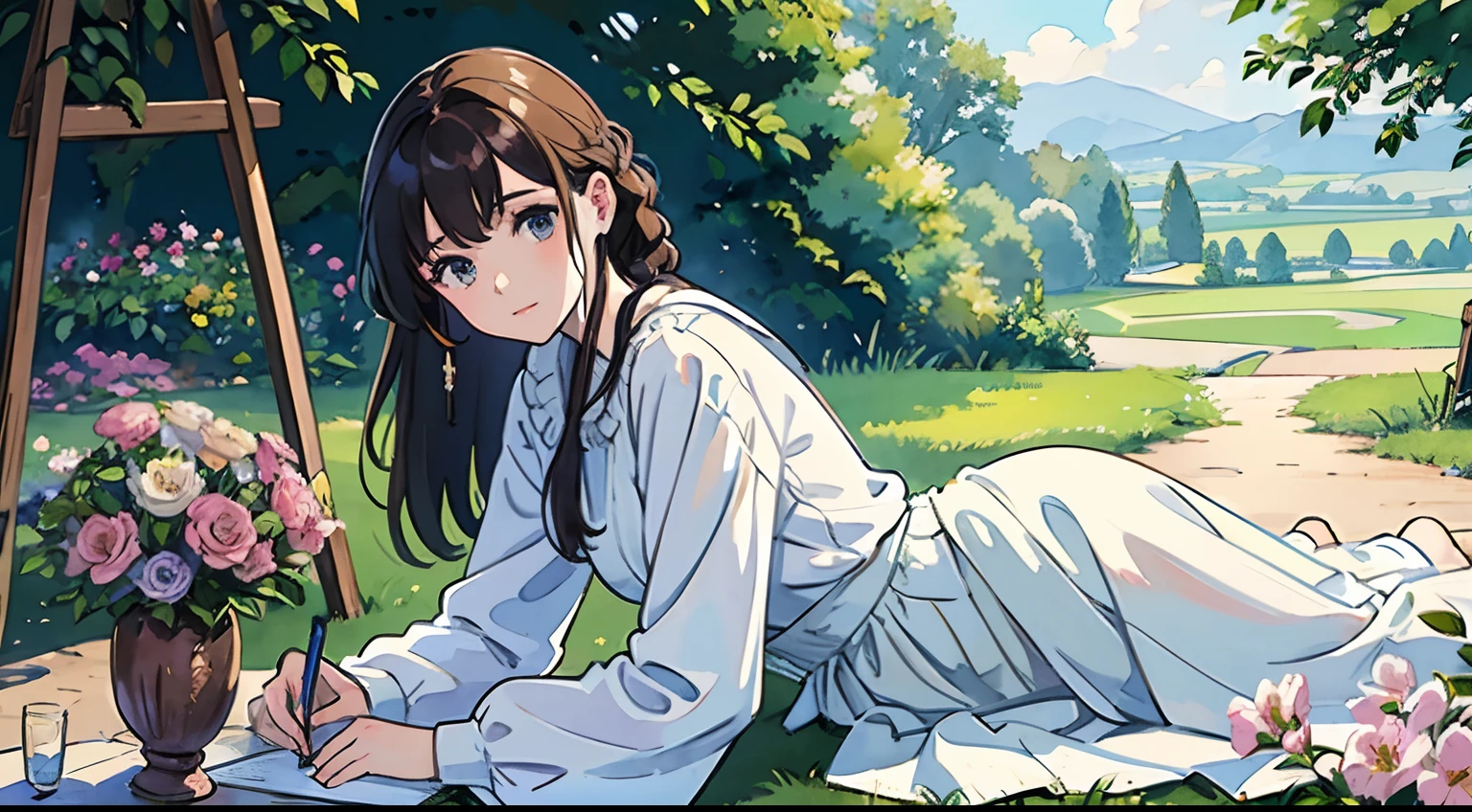 (Watercolor in Sargent style)、(top-quality、masterpiece)、Soft light、View of the Cotswolds,Old farmhouse、rivulets、flower bloom、One lady、dark brown hair、Braided hair、White blouse and long skirt、picnic、Draw a picture、Easel and canvas、