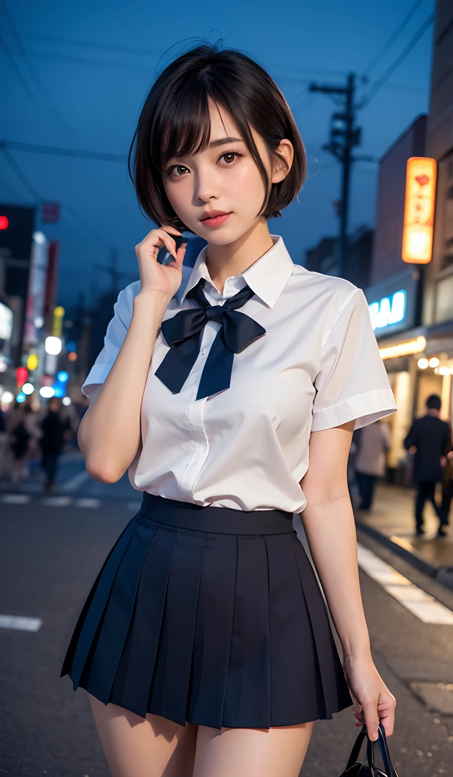 (8k, RAW photo, best quality, masterpiece:1.2), (realistic, photo-realistic:1.37), ultra-detailed,
1 girl,cute, solo,beautiful detailed sky,detailed tokyo street,night,
medium breasts,beautiful detailed eyes,(collared shirt:1.1), bowtie,pleated skirt,(short hair:1.2),floating hair