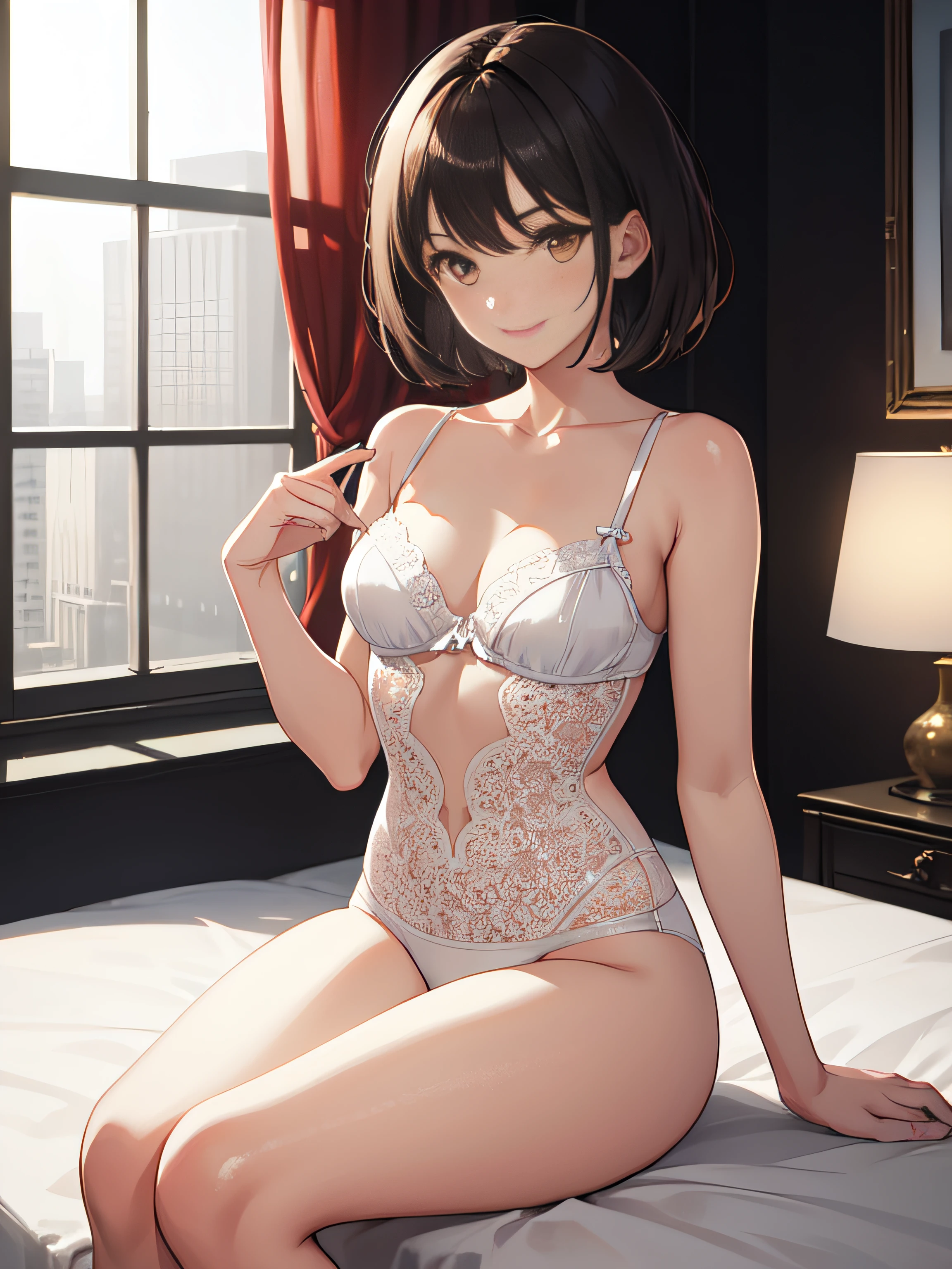 1girll,23years old,Pure,gently smiling,Apricot eyes,brunette color hair,Dark eyes,Short hair, Short hair,The feeling of a good wife and a good mother,Small nose bridge,,pure white lingerie,lace edge,plumw,Cosmopolitan beauty,slightly rounded face,Fashionab,Hotel room,Flushed,Flushed face,dolce,Pure,Meek,Dimly lit,Large chest