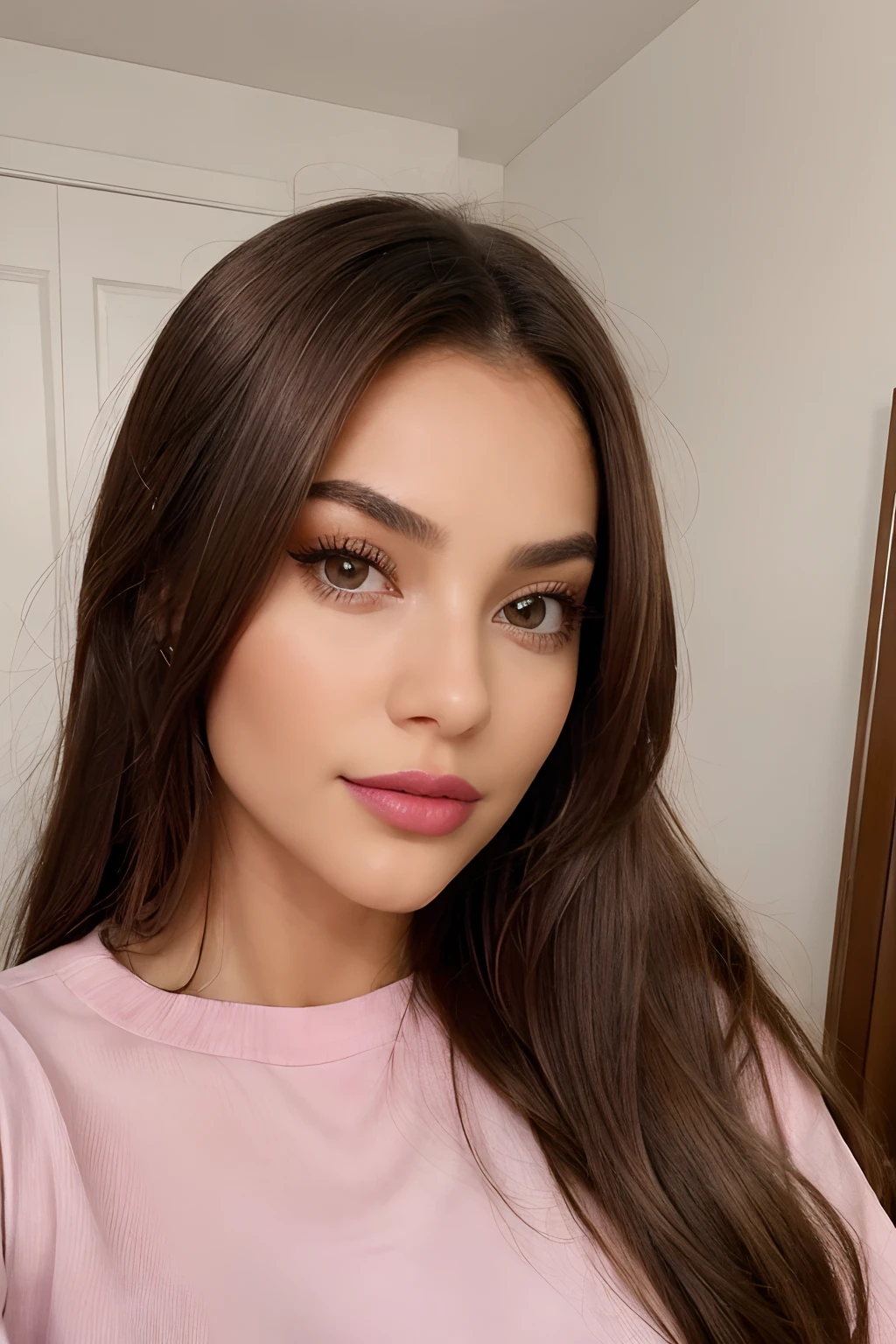 This image features a young woman with long, layered brown hair. She is wearing a light-colored top and has her eyes open as she takes a selfie. Her lips are painted in a glossy pink lipstick, and her eyelashes are thick and dark. Her eyebrows have been groomed to perfection, giving her face an overall polished look. The background of the photo is greyish white, making the colors of her skin and clothing stand out even more. She looks confident yet relaxed in this portrait shot - it's almost like she knows that she looks beautiful!