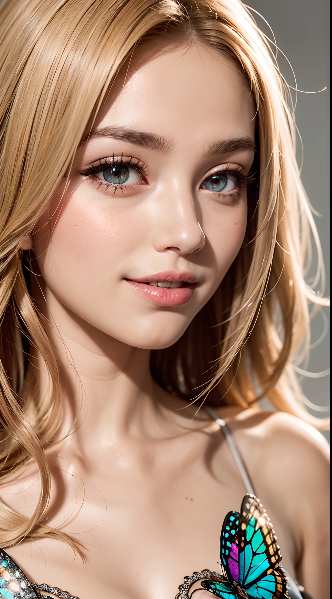 (Detailed eyes,Long eyelashes,Bright and colorful iris,Expressive eyebrows,Blend eyeshadow perfectly,Eyes sparkle,Reflective eyeballs),(Blonde 1。3 Lots of hair1。3 Delicate hair 1。2),(Long transparent dress,floral patterns:1.4,),(Gorgeous and delicate glowing little butterfly hair ornament,brilliant colorful,Fine engraving,Shine brightly,The attention to detail,The jewelry is of high quality,Extremely high image quality)White Skin Skin,Seductive smile emoji,Close-up shot