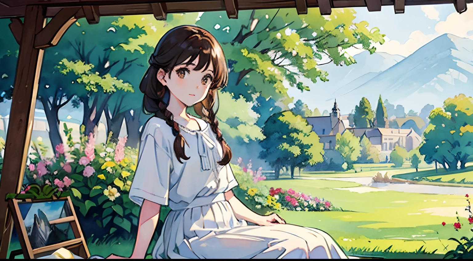(Watercolor in Sargent style)、(top-quality、masterpiece)、Soft light、View of the Cotswolds,Old farmhouse、rivulets、flower bloom、One lady、dark brown hair、Braided hair、White blouse and long skirt、picnic、Draw a picture、Easel and canvas、