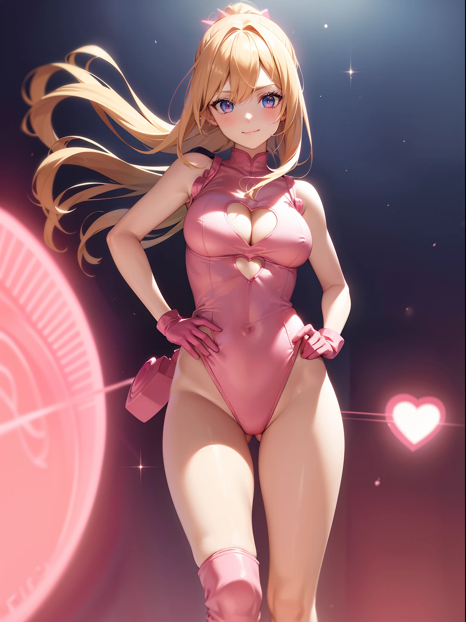 anime girl in pink outfit with pink shoes, full body zenkai! asuka suit, zero suit, ilya kuvshinov with long hair, zerochan art, blonde anime girl with long hair, marin kitagawa fanart, style artgerm, android heroine, ((bare legs)), ((1 cleavage cutout, heart cutout)), ((medium to dark pink leotard)), ((knee boots, sleeveless, gloves)), girl infused with energy, standing, heroic, 1girl, standing, hand on hip, smile