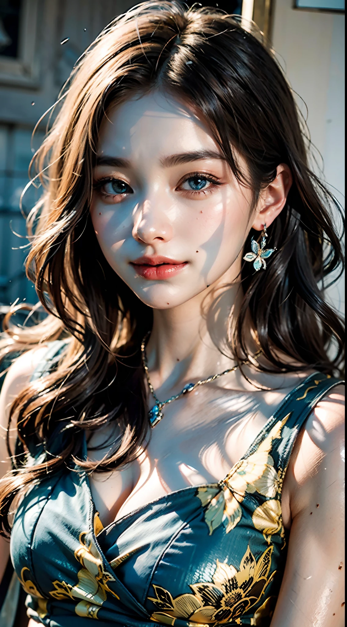 （Detailed eyes,Long eyelashes,Bright and colorful iris,Expressive eyebrows,Blend eyeshadow perfectly,Eyes sparkle,Reflective eyeballs），（Blonde 1。3 Lots of hair1。3 Delicate hair 1。2）,（Long transparent dress，floral patterns：1.4，），（Gorgeous and delicate glowing little butterfly hair ornament，brilliant colorful，Fine engraving，Shine brightly，The attention to detail，The jewelry is of high quality，Extremely high image quality）White Skin Skin，Seductive smile emoji，Close-up shot