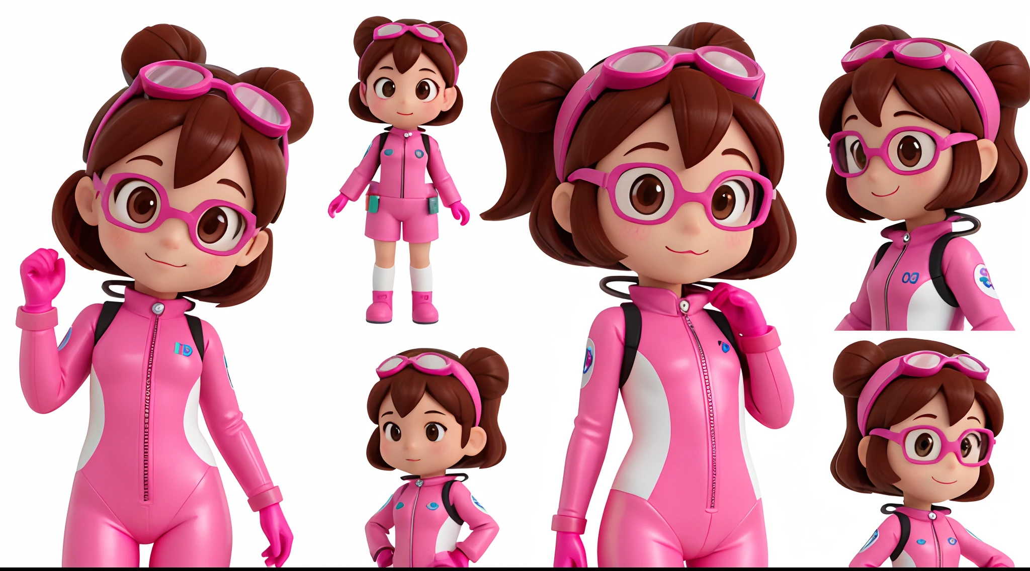 A close-up with 4 images of a little girl in various poses, wearing a pink diving suit, iconic character, animated character, cute mini female explorer, brown eyes, brown hair, pink diving goggles, pink diving gloves, happy, cute 3D anime girl render, high-quality character design, character pose, kawaii HQ render, 3D character, 3D character, cute cartoon character, white background.