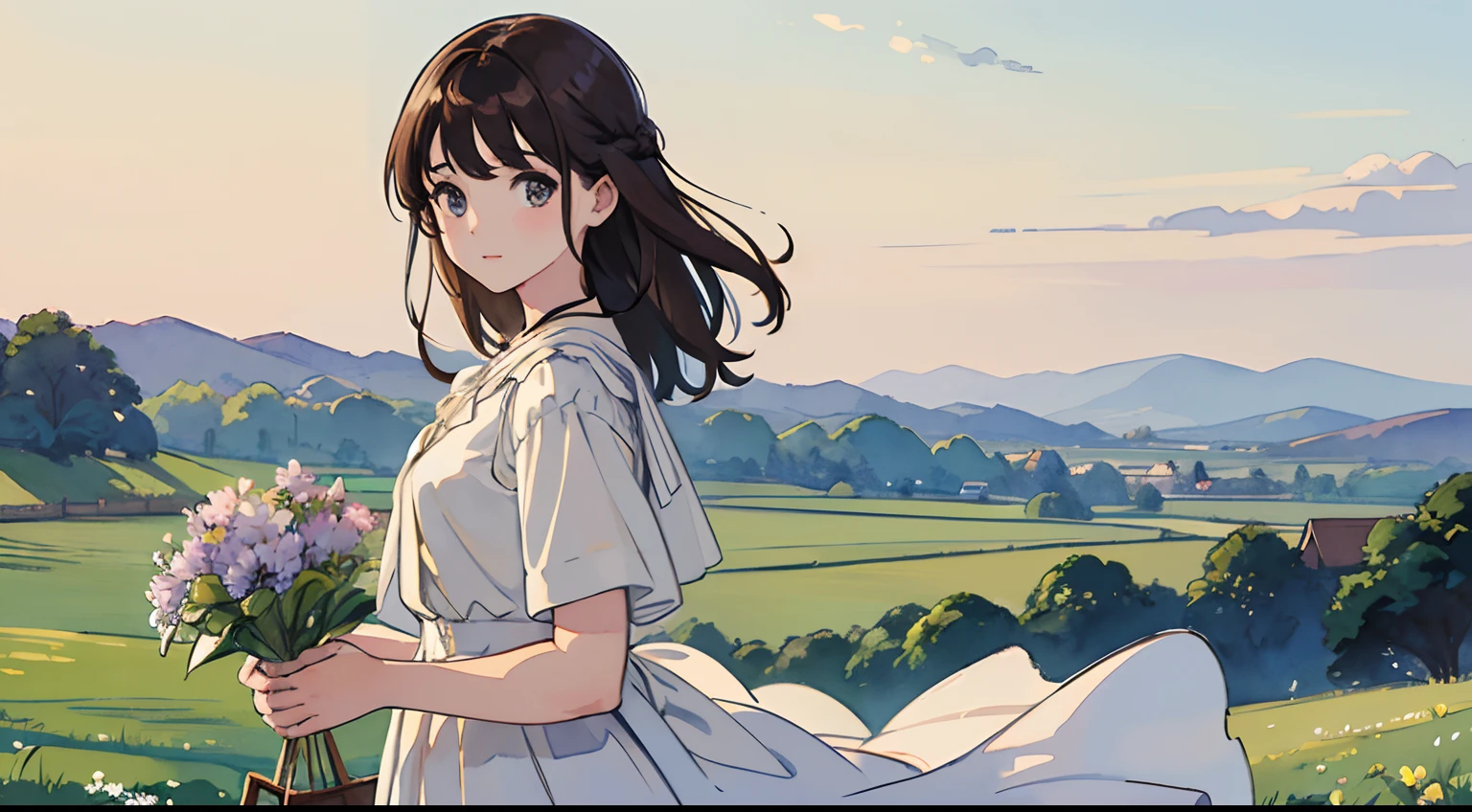 (Watercolor in Sargent style)、(top-quality、masterpiece)、Soft light、View of the Cotswolds,Old farmhouse、rivulets、flower bloom、One lady、dark brown hair、Braided hair、White blouse and long skirt、picnic、Draw a picture、Easel and canvas、Standing in front of the easel、