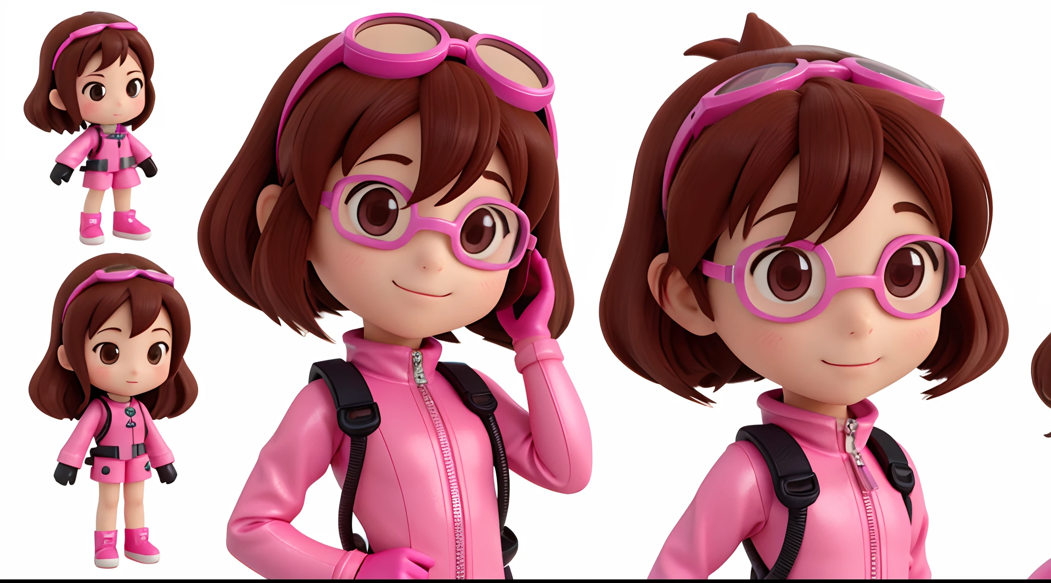 A close-up with 4 images of a little girl in various poses, wearing a pink diving suit, iconic character, animated character, cute mini female explorer, brown eyes, brown hair, pink diving goggles, pink diving gloves, happy, cute 3D anime girl render, high-quality character design, character pose, kawaii HQ render, 3D character, 3D character, cute cartoon character, white background.