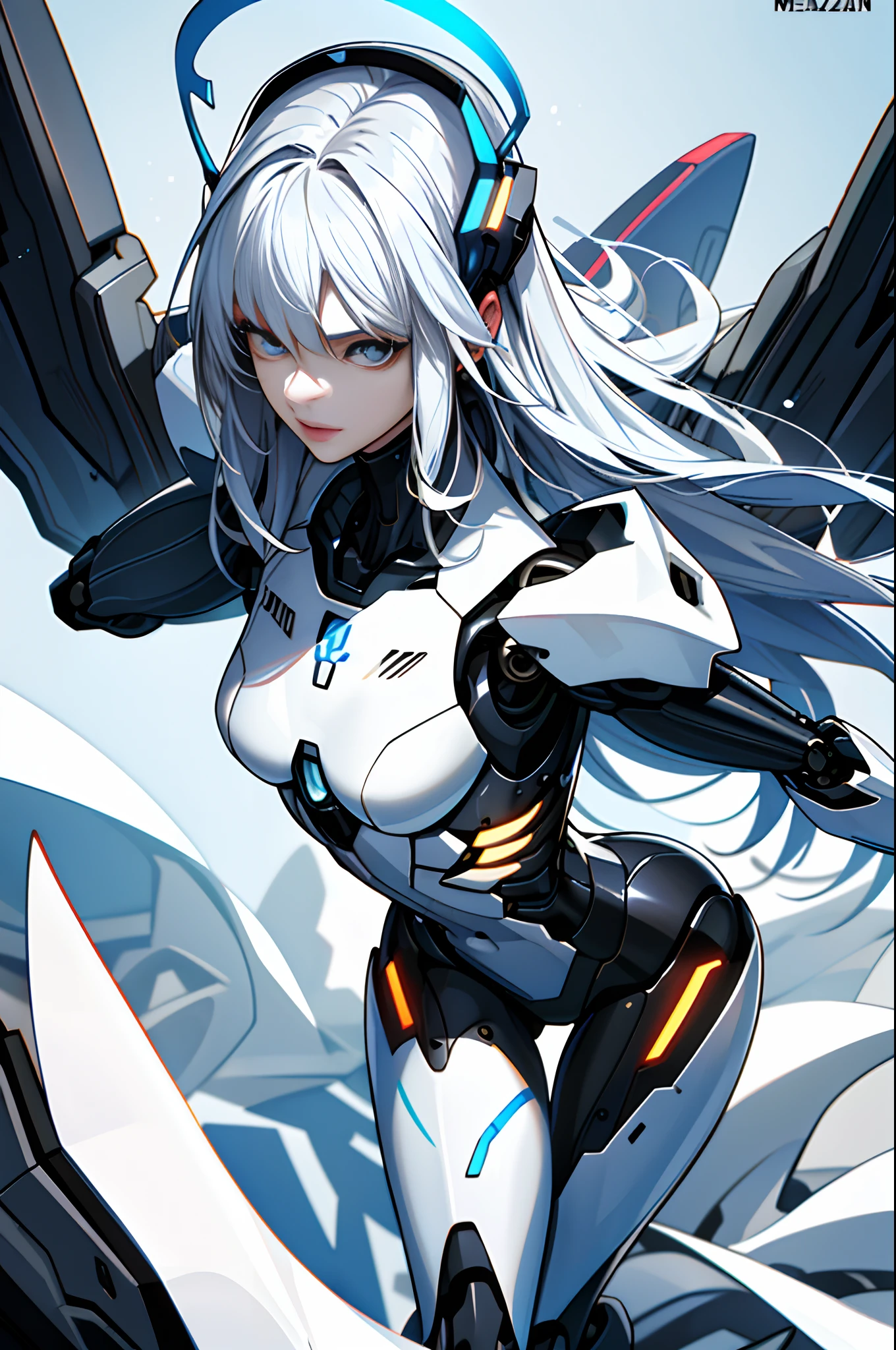 (magazine cover:1.3),ulzzang-6500, (realistic: 1.3) (original: 1.2), masterpiece, best quality, beautiful clean face, fullbody, ((robot girl, mecha)), broken armor, mechanical halo, mechanical arms, white hair, long hair, ceramic body, thigh gap, small breast, cyber background, extreme detailed city, (translucent body, reflection skin), 8k, best quality, ultra detailed, (hyperrealistic:1.4),