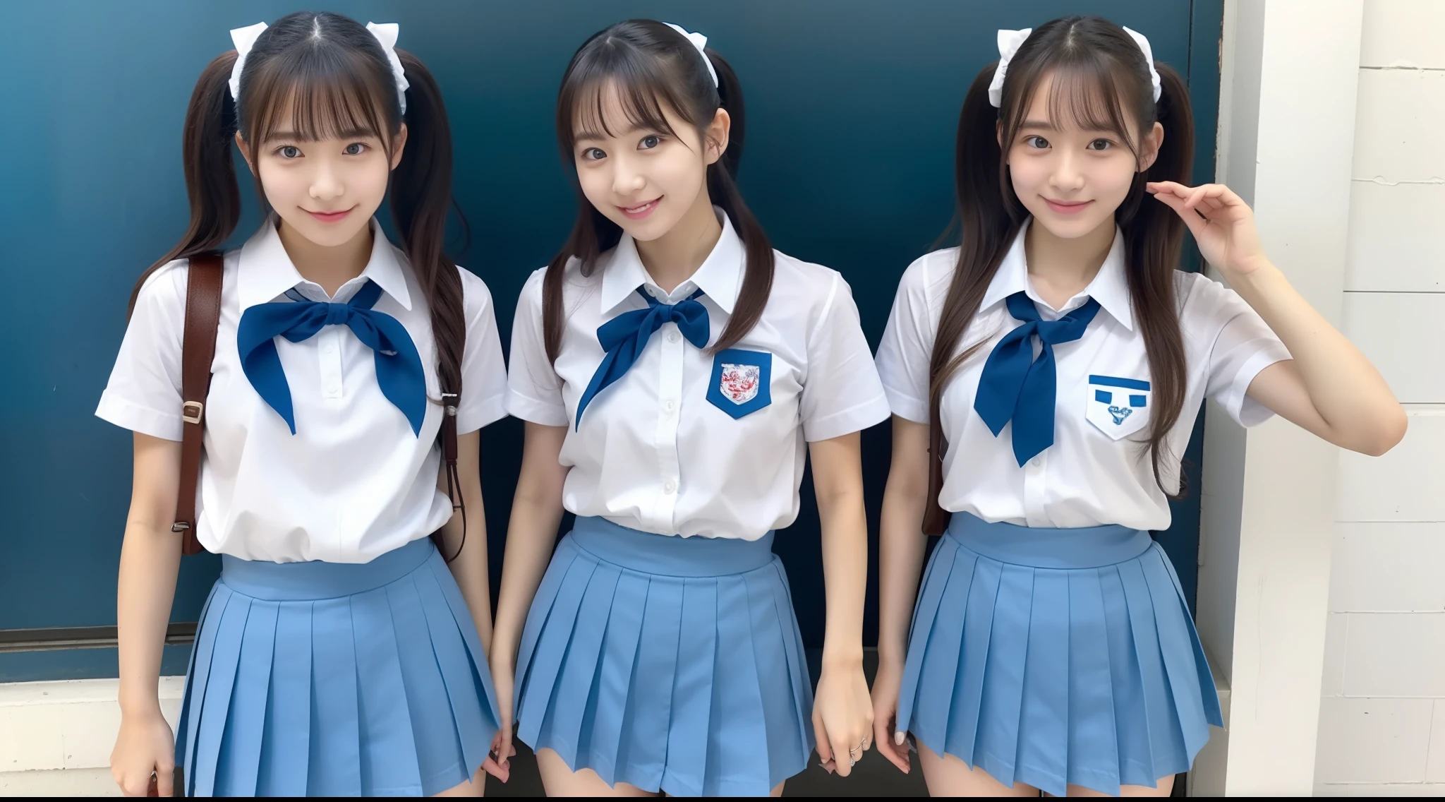 Wearing a light blue miniskirt and white Y-shirt、18-year-old schoolgirl(Twin-tailed)