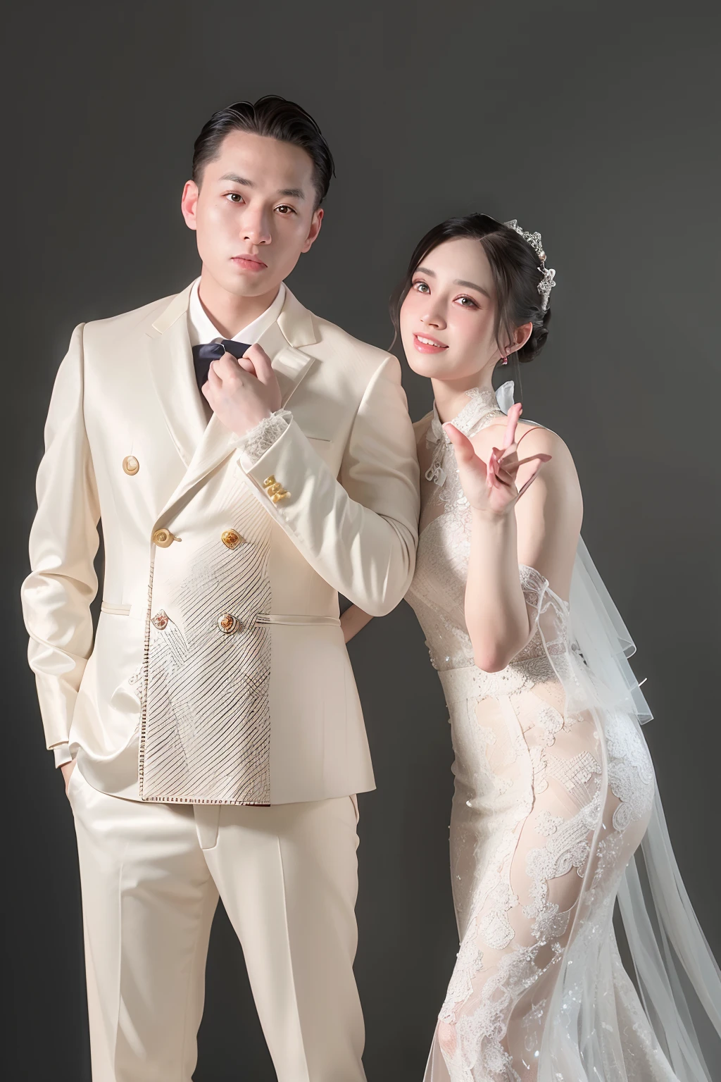 bride and groom posing for a picture in formal attire, wedding photo, ruan jia and fenghua zhong, shot with canon eoa 6 d mark ii, shot on canon eos r5, shot on canon eos r 5, ruan jia and brom, eora, lovely couple, couple pose, 🤬 🤮 💕 🎀, shot on nikon z9