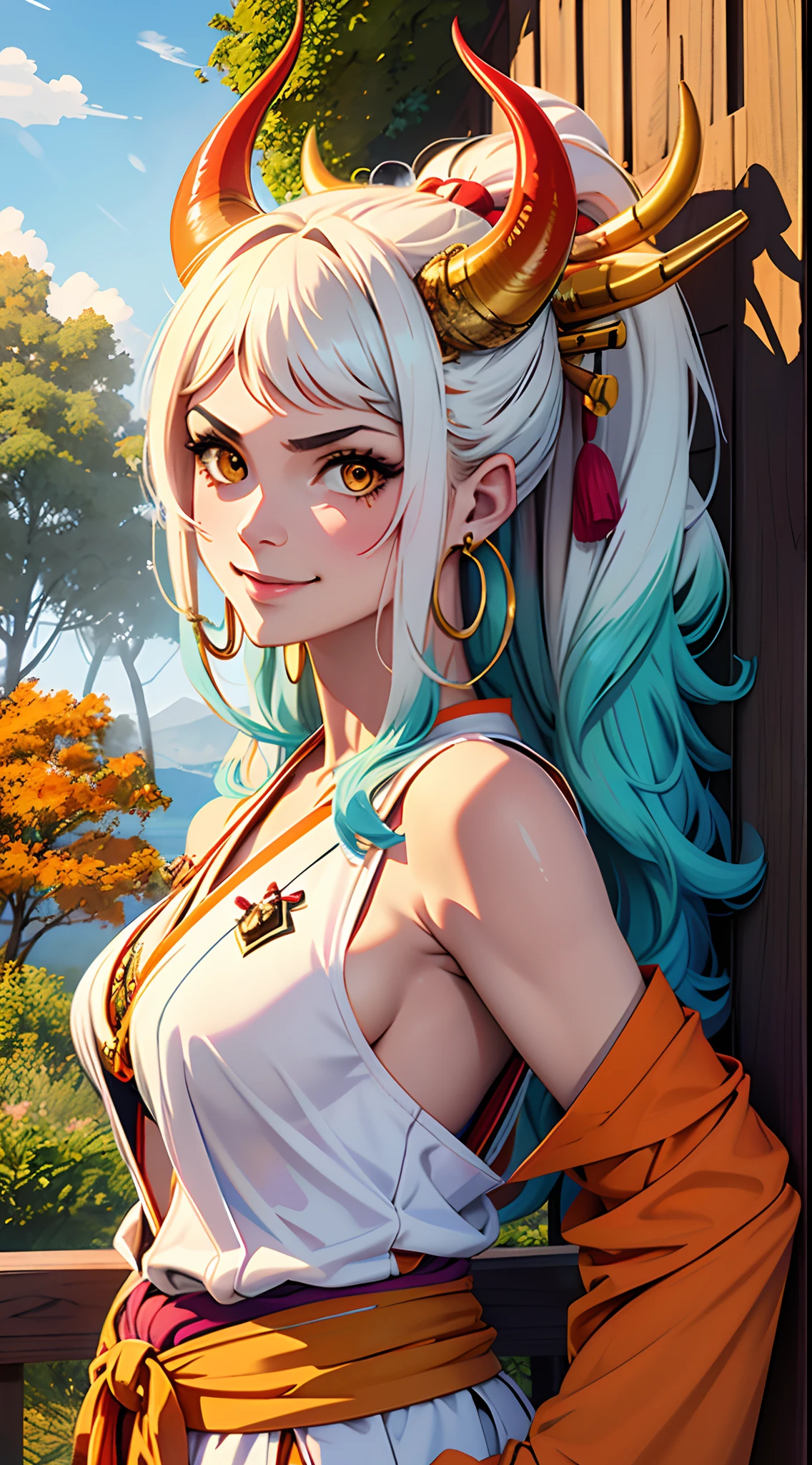 Masterpiece, ((Ultra detailed backgrounds, Delicate pattern, Intricate High Details)), (highly detailed, finedetail), Best quality,Beautiful lighting, (((mediuml breasts, lean girl, Very thin girl))), (cow boy shot), Yamato V2, Long hair, 1girll, banya, whaite hair, Tik, their, red horns, Coiled horn, hair adornments, (multicolored horns), jewely, Earrings, Japanese clothes, komono, hair stick, Sleeveless, Bare shoulders, aqua hair, side locks, hoop earings, hakama, ssmile, Hefty Smile, ((orange eyes)), complex detailed background, outside, setting in nature, Rochas, Sunny weather, blue sky, Ciel,