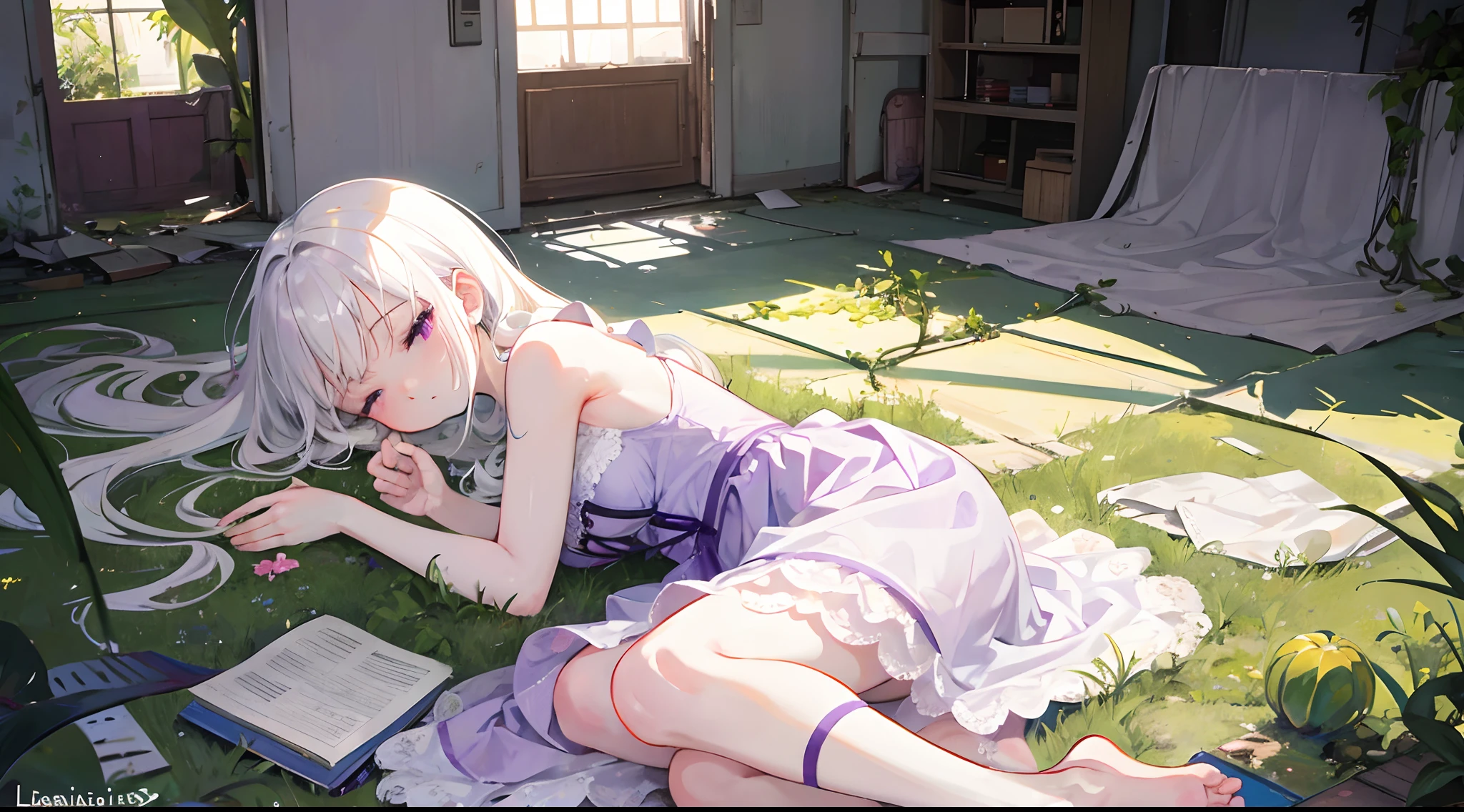 chiquita，Solo，Lolita，The barefoot，The barefoot，White hospital gown，White hair，a purple eye，lying on floor，The floor is overgrown with weeds，abandoned building，Brilliant sunlight floods into the room，sleeping with closed eyes