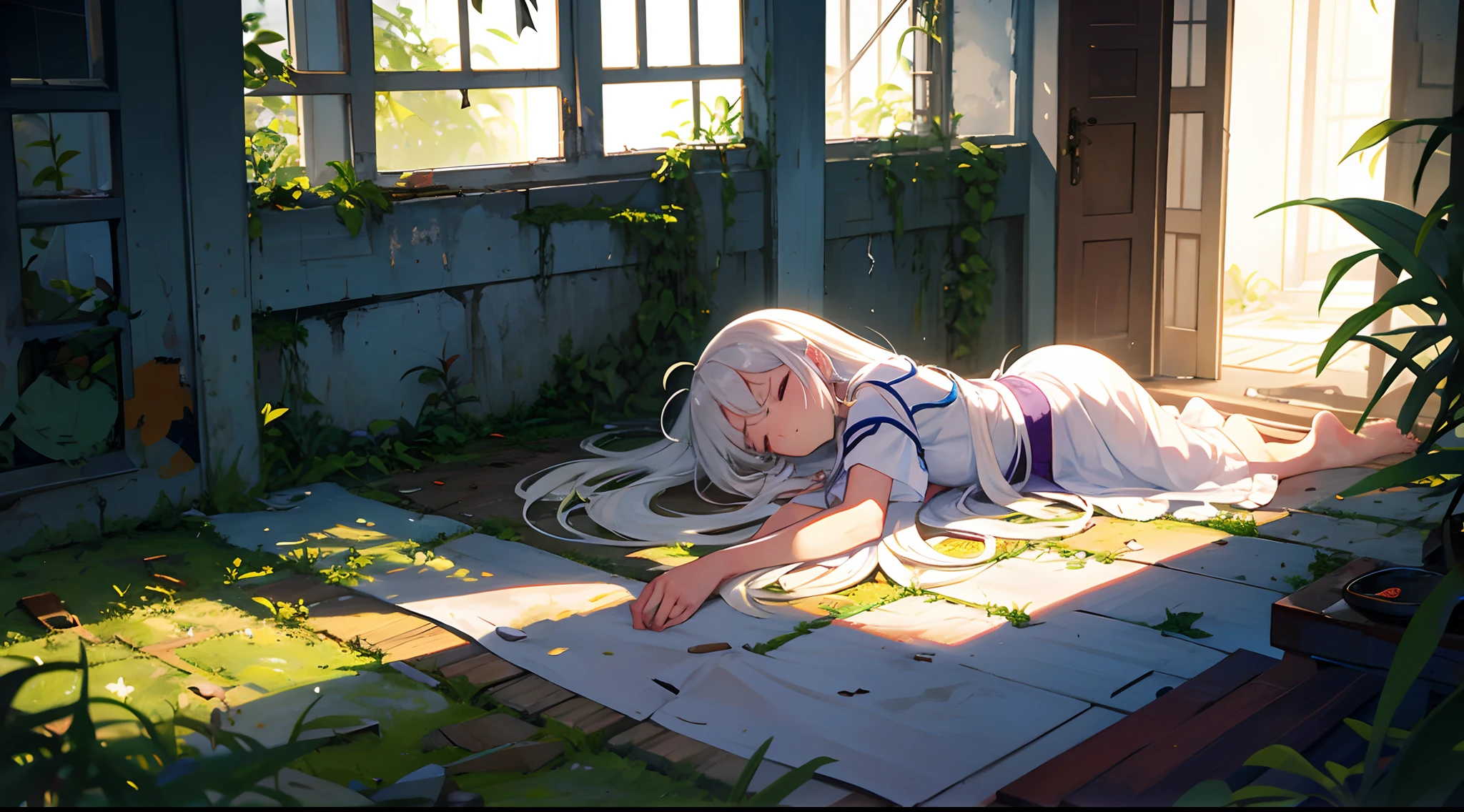 chiquita,Solo,Lolita,The barefoot,The barefoot,White hospital gown,White hair,a purple eye,lying on floor,The floor is overgrown with weeds,abandoned building,Brilliant sunlight floods into the room,sleeping with closed eyes