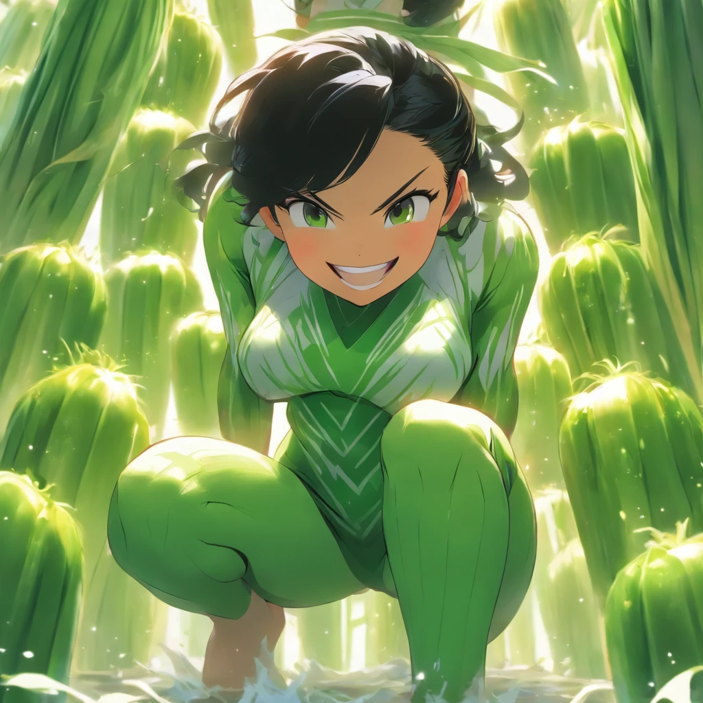 comics. Cute girl with black hair and smile with open large breasts squatting with her legs wide open in green and white Japanese leek costume.