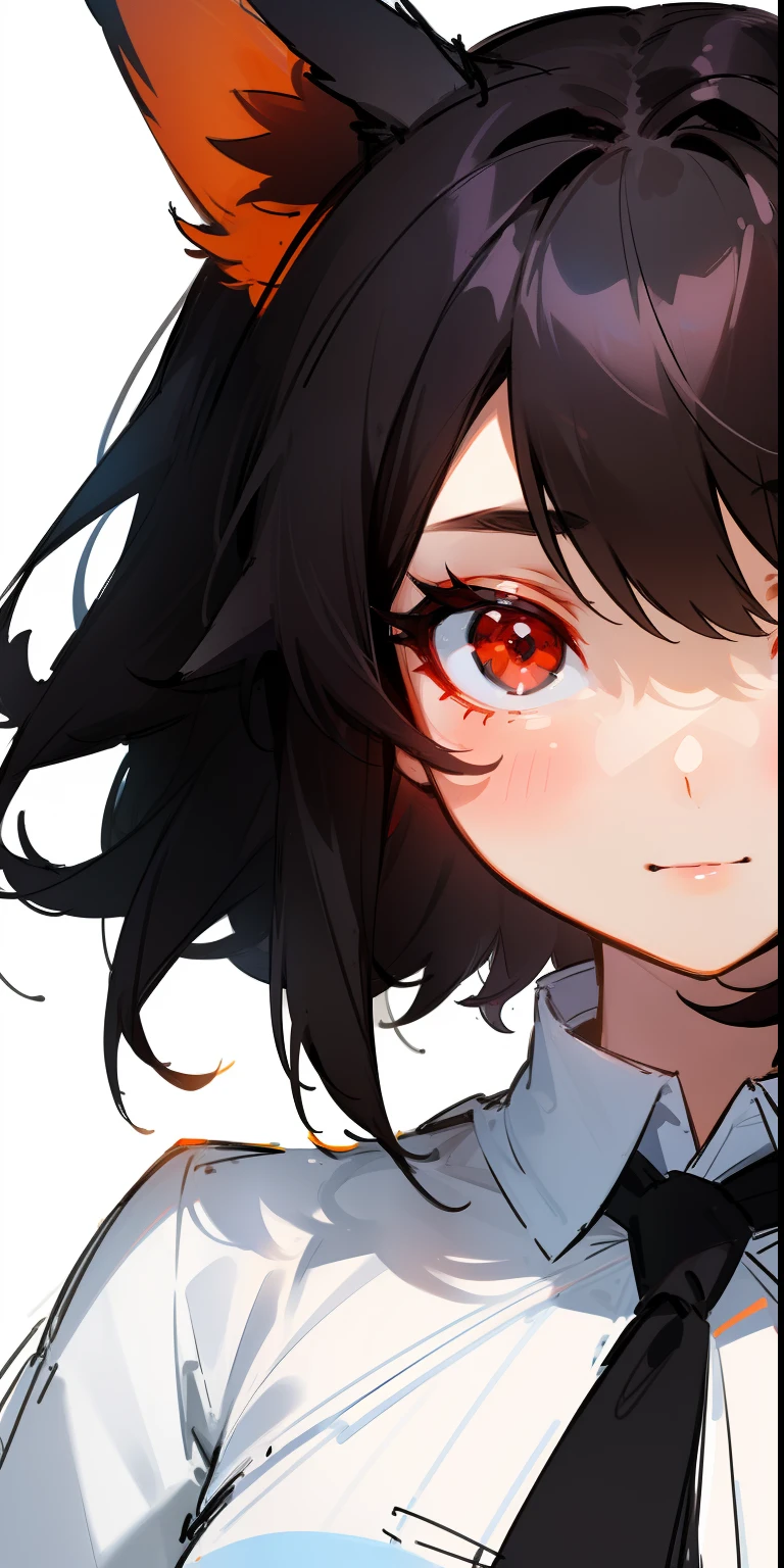 (sketch drawing:1.2), 1girl, close up, (cute), (fox ears), (red eyes), (black hair), (medium hair), (simple white blouse), (white background:1.3),