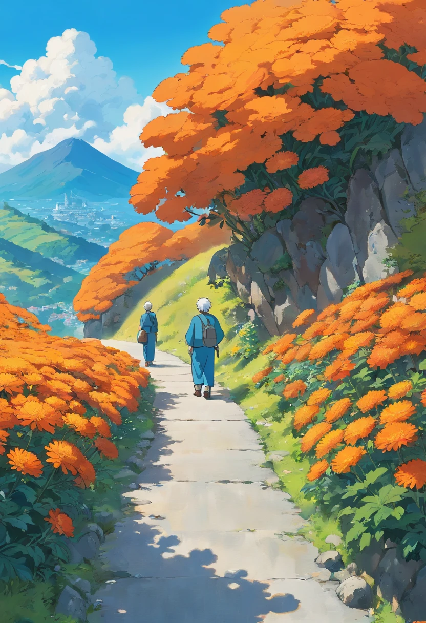 with blue sky and white clouds,Endless mountain roads,Two old men with their backs,Orange chrysanthemum,A chrysanthemum in the foreground