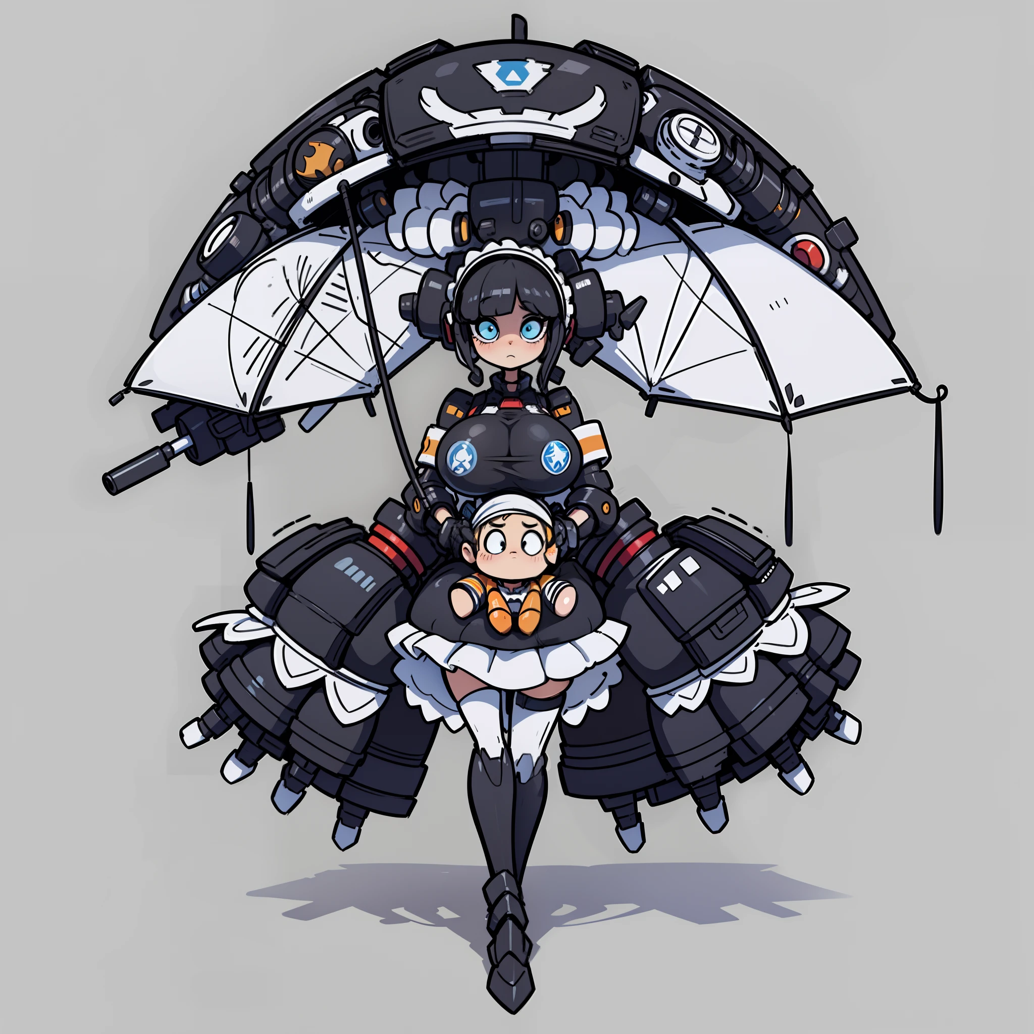 ((masterpiece)), full body, blank background, vectorized design, masterpiece, best quality, great design, overly sexy robot, too sexy for a toon, (Gothic kawaii Mecha), A mecha dressed in frilly, black and lace attire, complete with a parasol accessory. It has oversized, doll-like eyes and a lace bonnet with intricate details. big breast, pretty huge boobs, motherly, doll like, gothic Barbie, exotic, amazing,