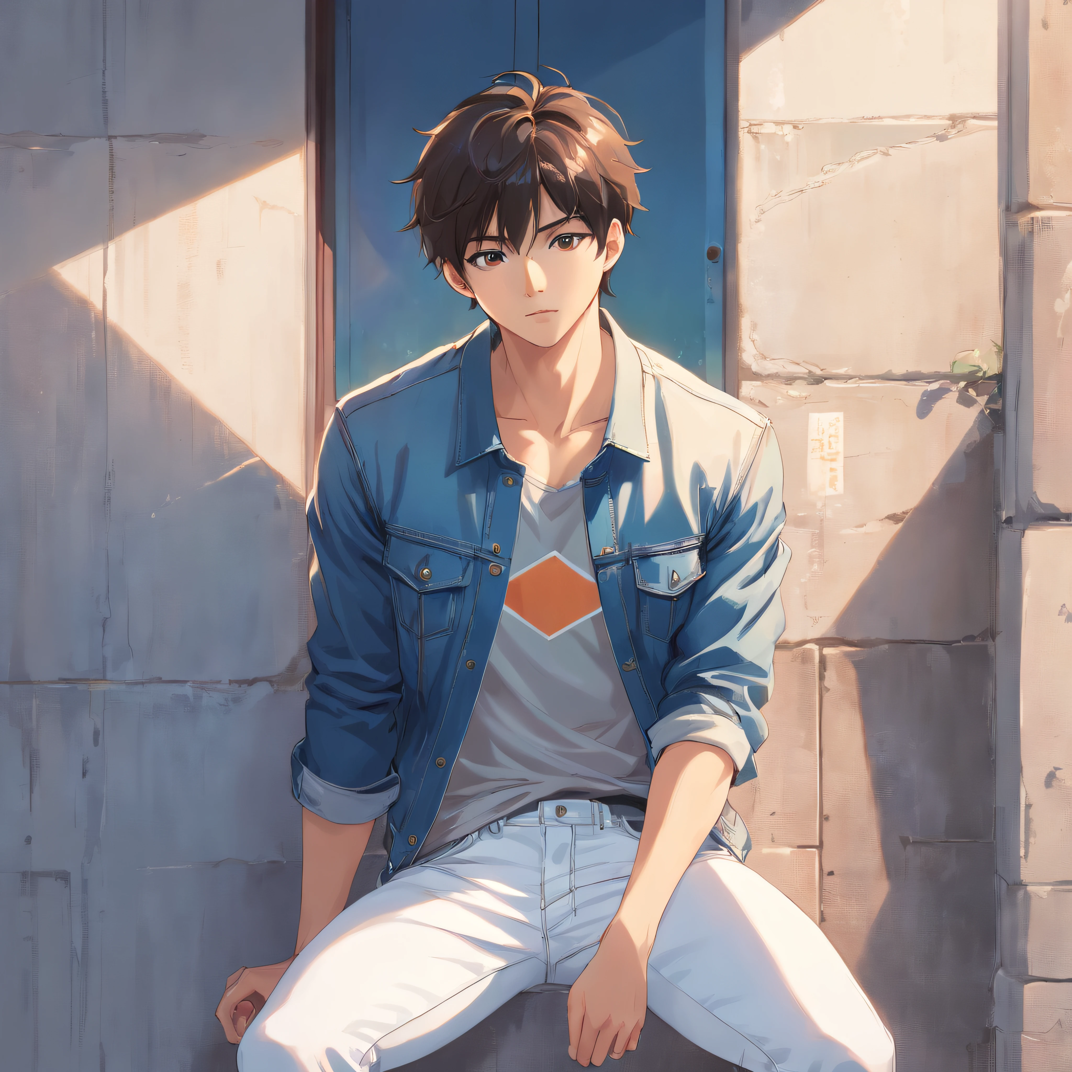 Alafed male model in white jeans and denim jacket leaning against wall, Korean Male, Jinyoung Shin, korean muscle boy 2 1 years old, model with attractive body, Cai Xukun's, taejune kim, male model, siwoo kim, inspired by Joong Keun Lee, Hyuntae, inspired by jeonseok lee, sun-hyuk kim, with abs