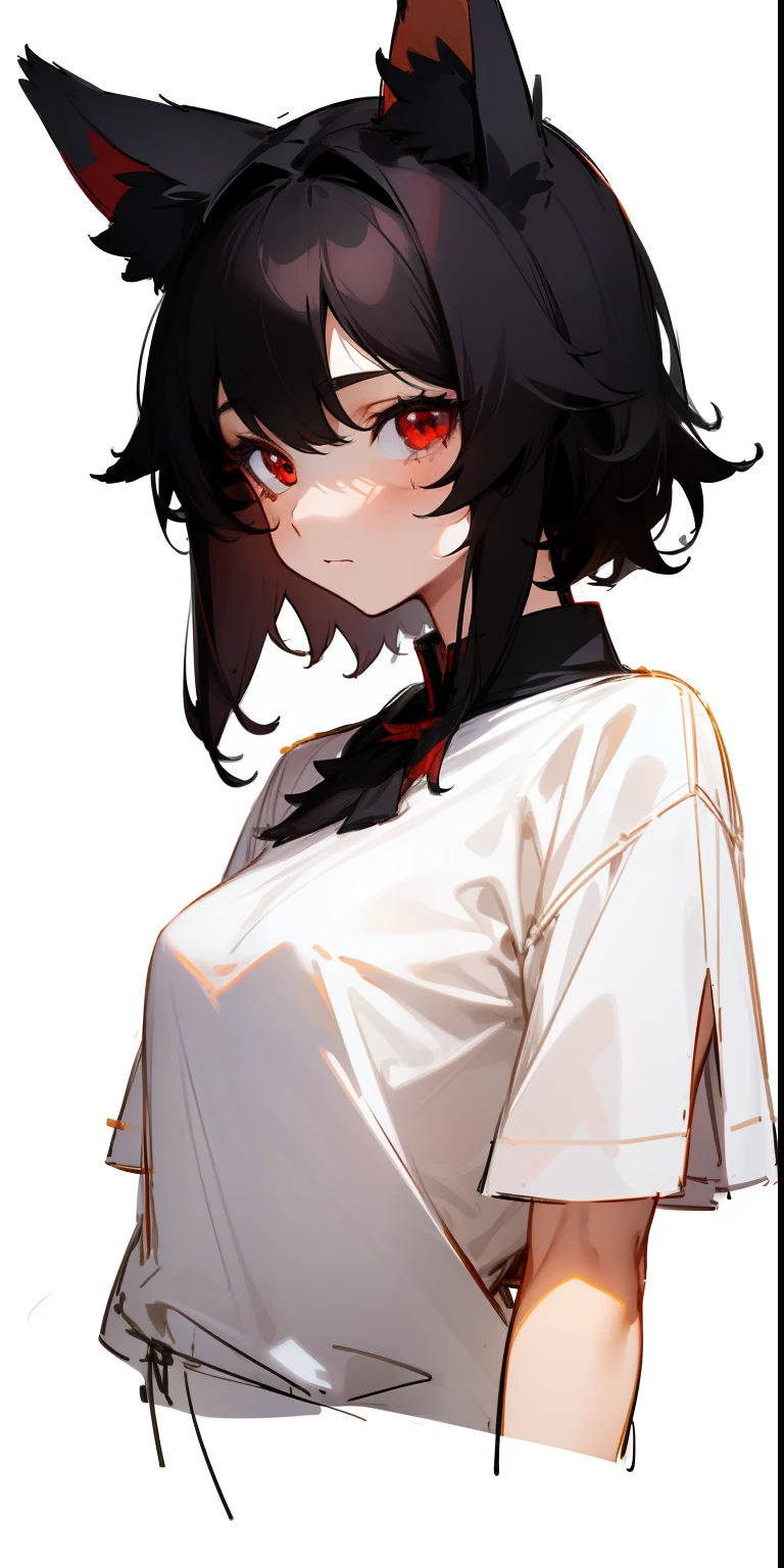 (sketch drawing:1.2), 1girl, close up, (cute), (fox ears), (red eyes), (black hair), (medium hair), (simple white blouse), (white background:1.3),