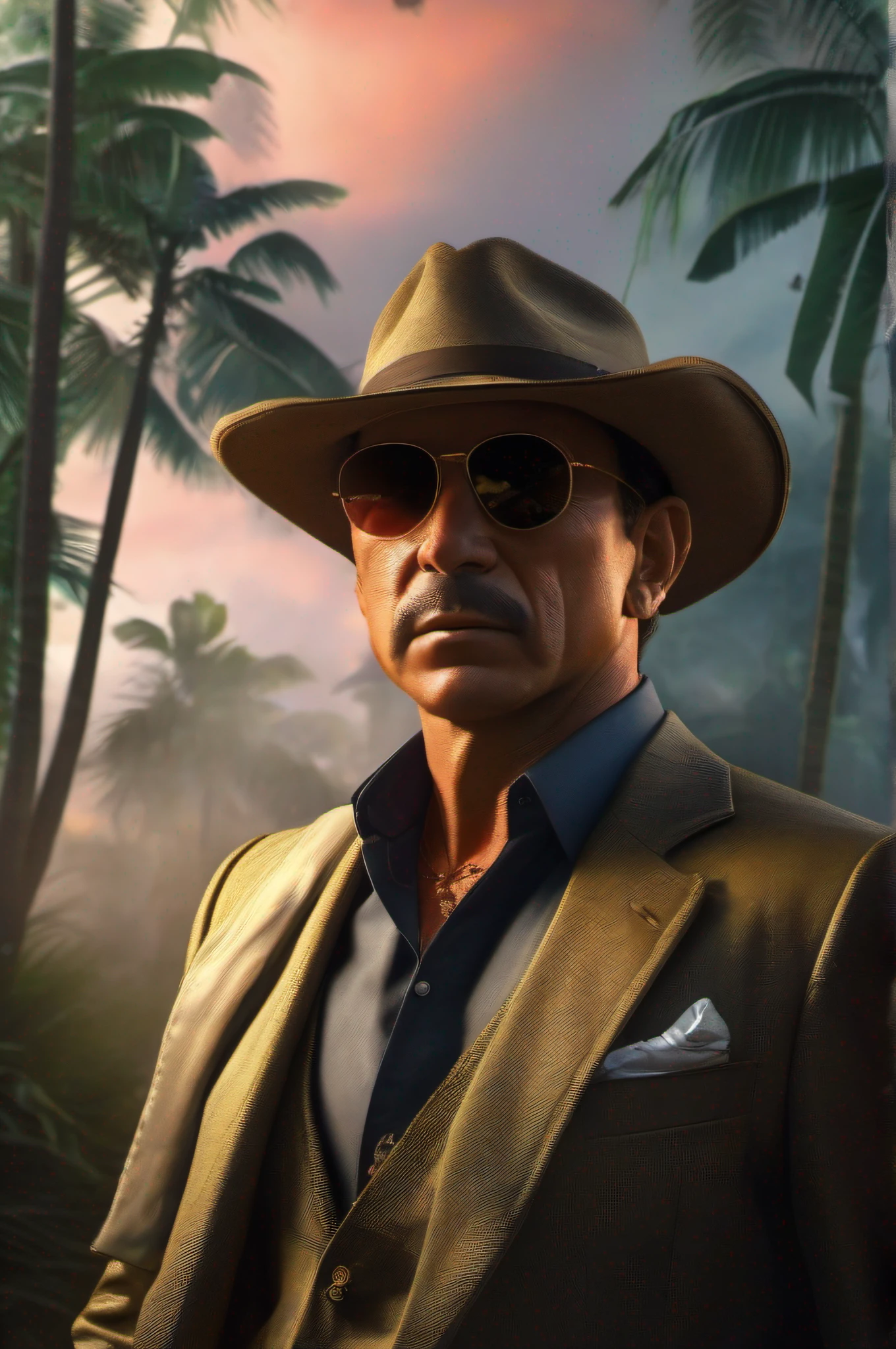 well-dressed boss, Brazilian drug lord, front view, hyperrealism, Amazon rainforest, rich Brazilian, boss, mercenaries, armed, forest, dramatic lighting, sunset, high definition, high level of detail, cinema