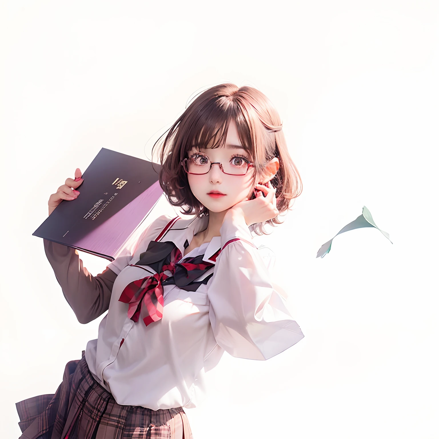 1girl, Maya Yamato, school uniform, short hair, pale brown hair, dark green eyes, red half-rim glasses, realistic, ultra detail, 70mm lens,