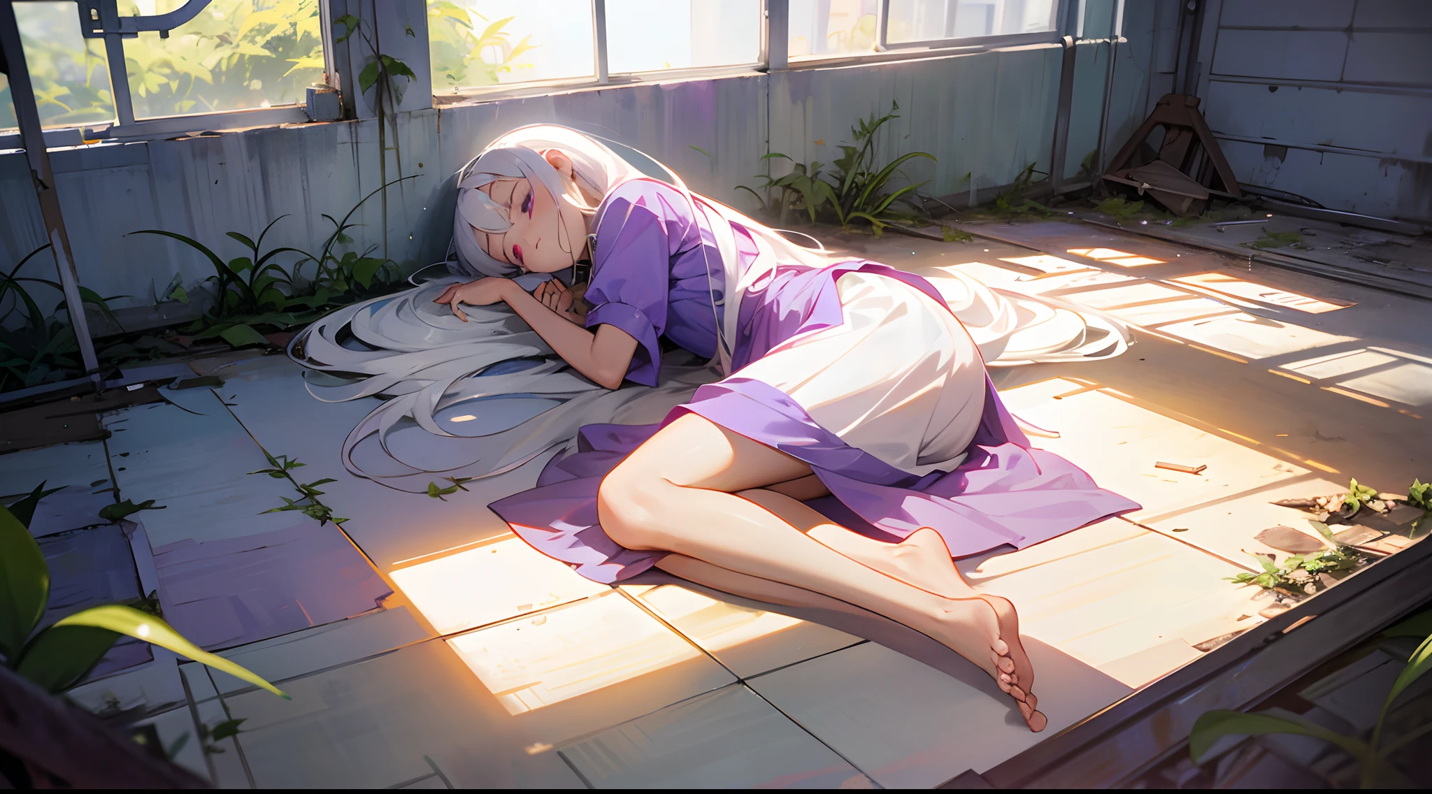 chiquita，Solo，Lolita，The barefoot，The barefoot，White hospital gown，White hair，a purple eye，lying on floor，The floor is overgrown with weeds，abandoned building，Brilliant sunlight floods into the room，sleeping with closed eyes