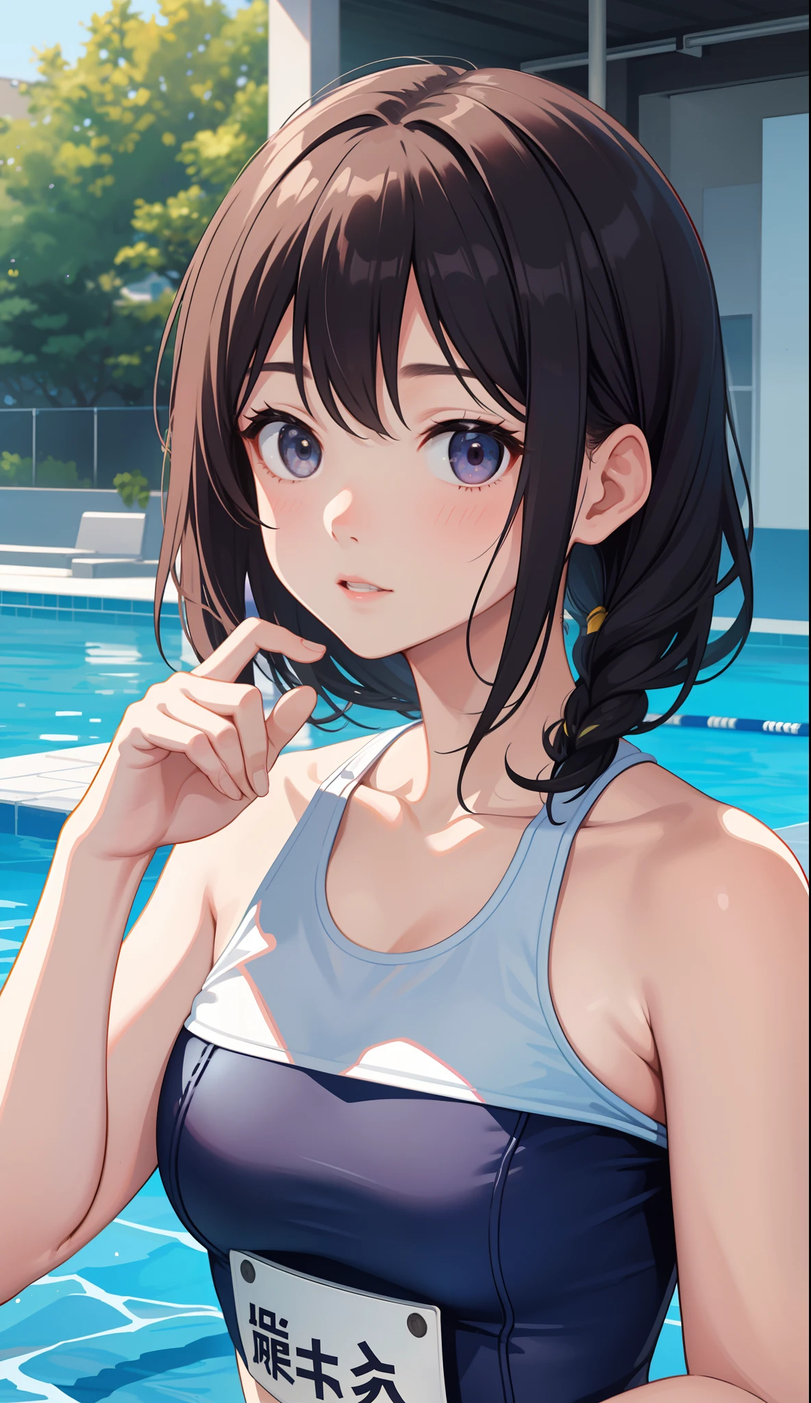   best quality,8k wallpaper,( beautiful and elegant :1.6), detailed face ,perfect lighting , CG in detail,Perfect hands,perfect anatomy, young woman,  College Student ,slender, brown hair, blue eyes, medium hair ,(swept bangs:1.3),(eyebrow:1.2),(eyeliner:1.5),swim suit, Poolside,(Sweating:1.3), kneeling