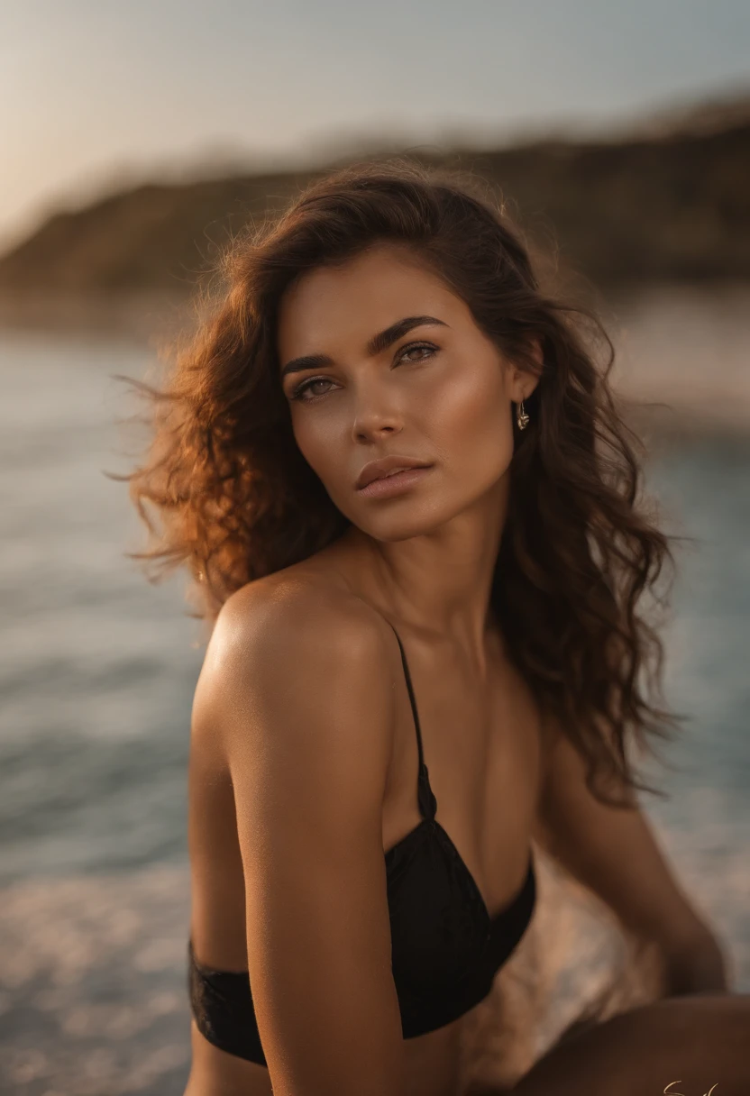 A stunning close-up portrait of a sultry model basking in the golden afternoon sun, wearing a sleek and perfectly fitted black bikini. Her smooth skin glistens, accentuating her radiant beauty. The photograph captures every intricate detail - from the intricate pattern of the bikini to the subtle freckles on her sun-kissed face. The composition is flawless, with the model's intense gaze captivating the viewer's attention. The background is a minimalist, neutral setting, allowing the model to take center stage. This realistic and detailed shot exudes sensuality and confidence, showcasing the epitome of beach glamour.
