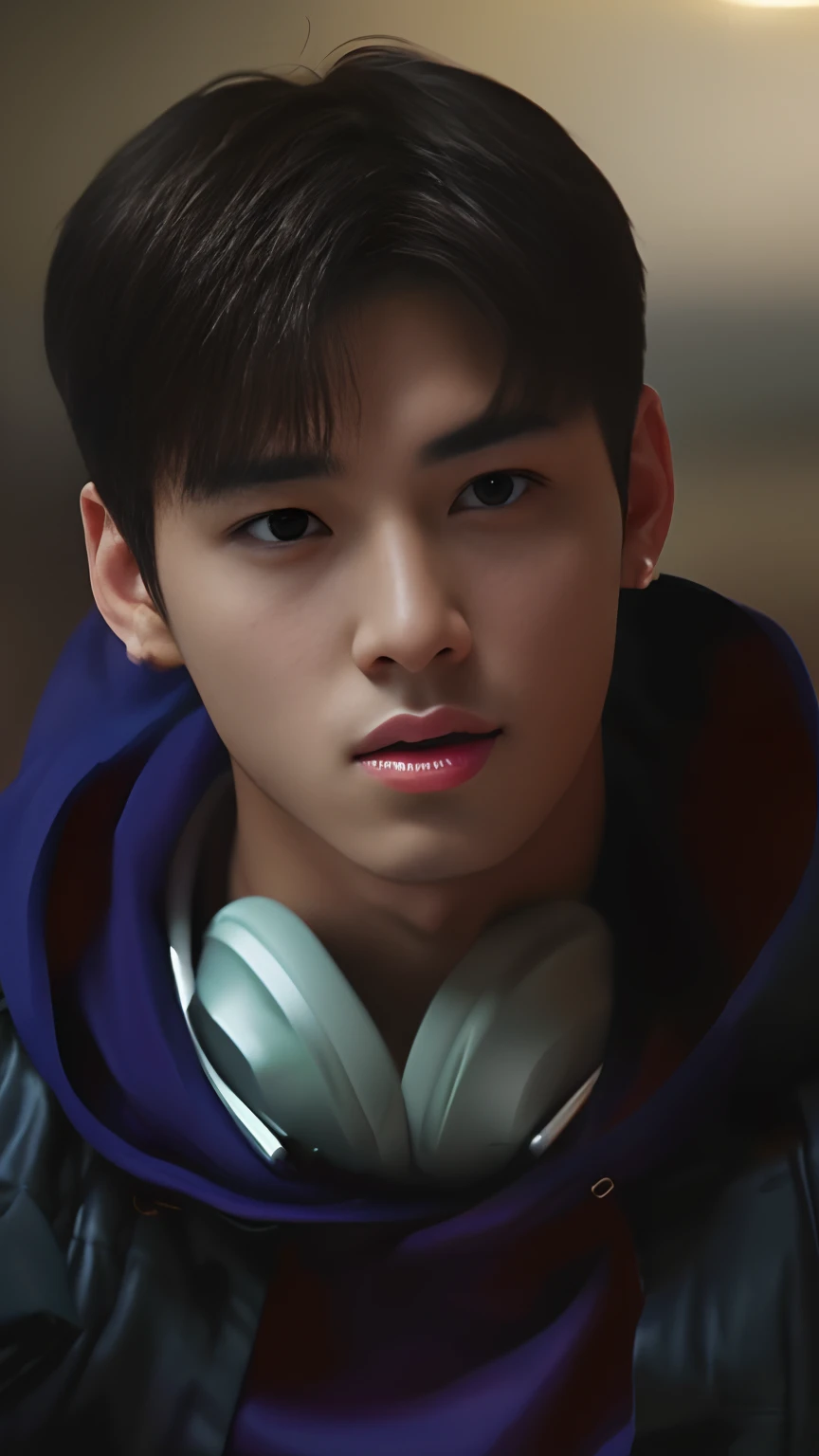 ((melhor qualidade, 8k, obra-prima: 1.3)), 1 menino coreano, Jungkook, Abs Slim Beleza: 1.3, (messy hairstyle, corpo definido: 1.2), curto: 1.1, Rosto Super Fino, olhos delicados, Double eyelidm, quarto, pose sensual , cabelos castanhos