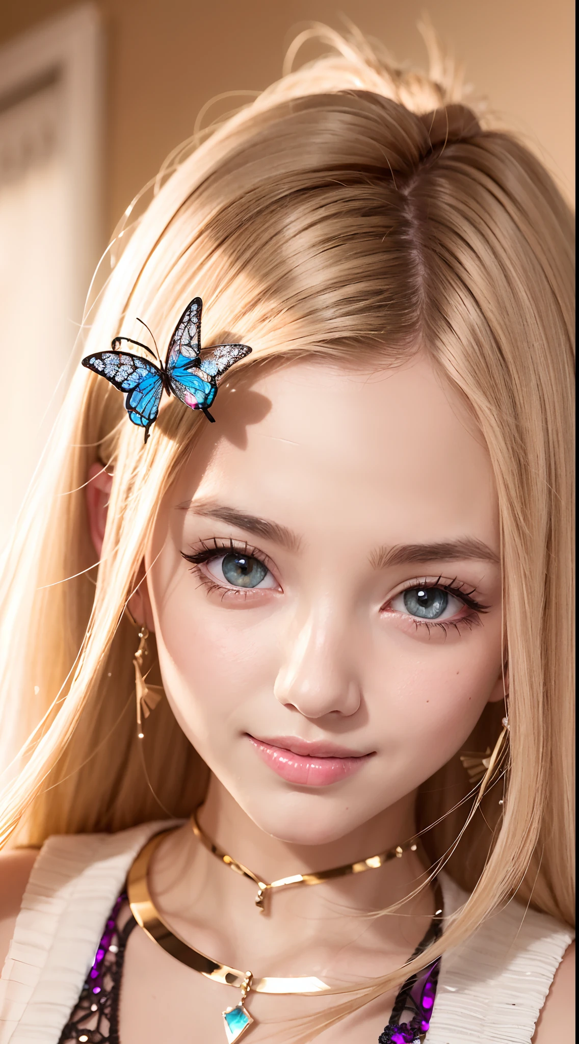 (Detailed eyes,Long eyelashes,Bright and colorful iris,Expressive eyebrows,Blend eyeshadow perfectly,Eyes sparkle,Reflective eyeballs),(Blonde 1。3 Lots of hair1。3 Delicate hair 1。2),(Long transparent dress,floral patterns:1.4,),(Gorgeous and delicate glowing little butterfly hair ornament,brilliant colorful,Fine engraving,Shine brightly,The attention to detail,The jewelry is of high quality,Extremely high image quality)White Skin Skin,Seductive smile emoji,Close-up shot