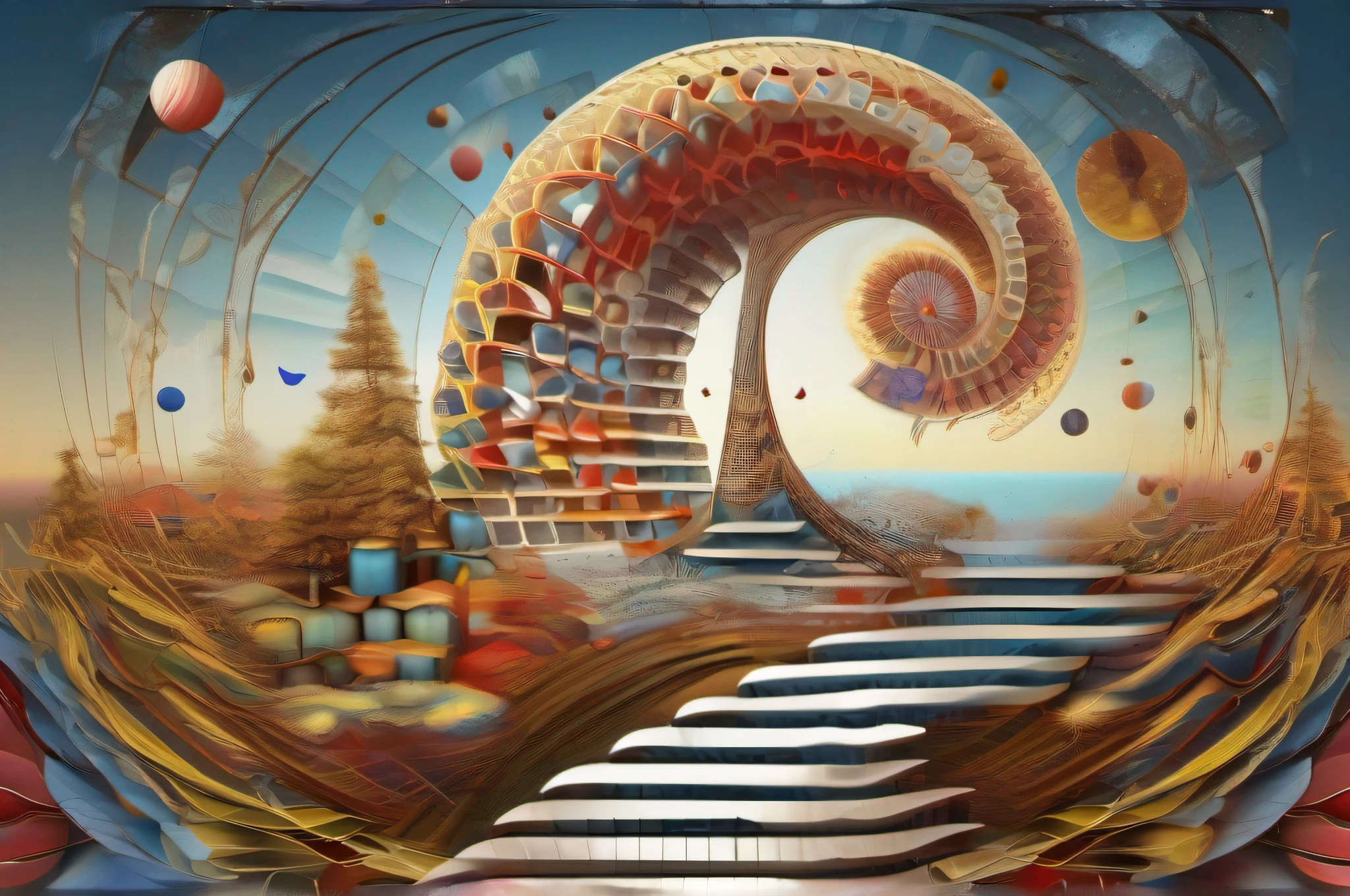 An artwork in the style of Fractal Fibonacci sequence surrealism, merging mathematical beauty of Fibonacci sequence with the mind bending landscapes of surrealism. color palette should include earthly tones and bright surreal accents like electric blues or vivid reds. Forms should follow Fibonacci spiral creating sense of mathematical harmony while incorporating surrealistic elements like melting clocks or floating objects. Lines should curve gracefully follow Fibonacci patterns but warped in surreallistic manner. Shapes should be both geometiric and organise always adhering to Fibonacci like grounded by the Fibonacci sequence. Values should use the Fibonacci sequence as a guide. Creating gradients and shadows that add depth and intrigue. 8K-- no text, --mock up, Photorealistic. Highly professional photography, intricately detailed.-- no text, --mock up, Photorealistic, --seed 777, Ultra HD, 32k, --AR 16:9, --v 5, -- s 5, --Chaos 1