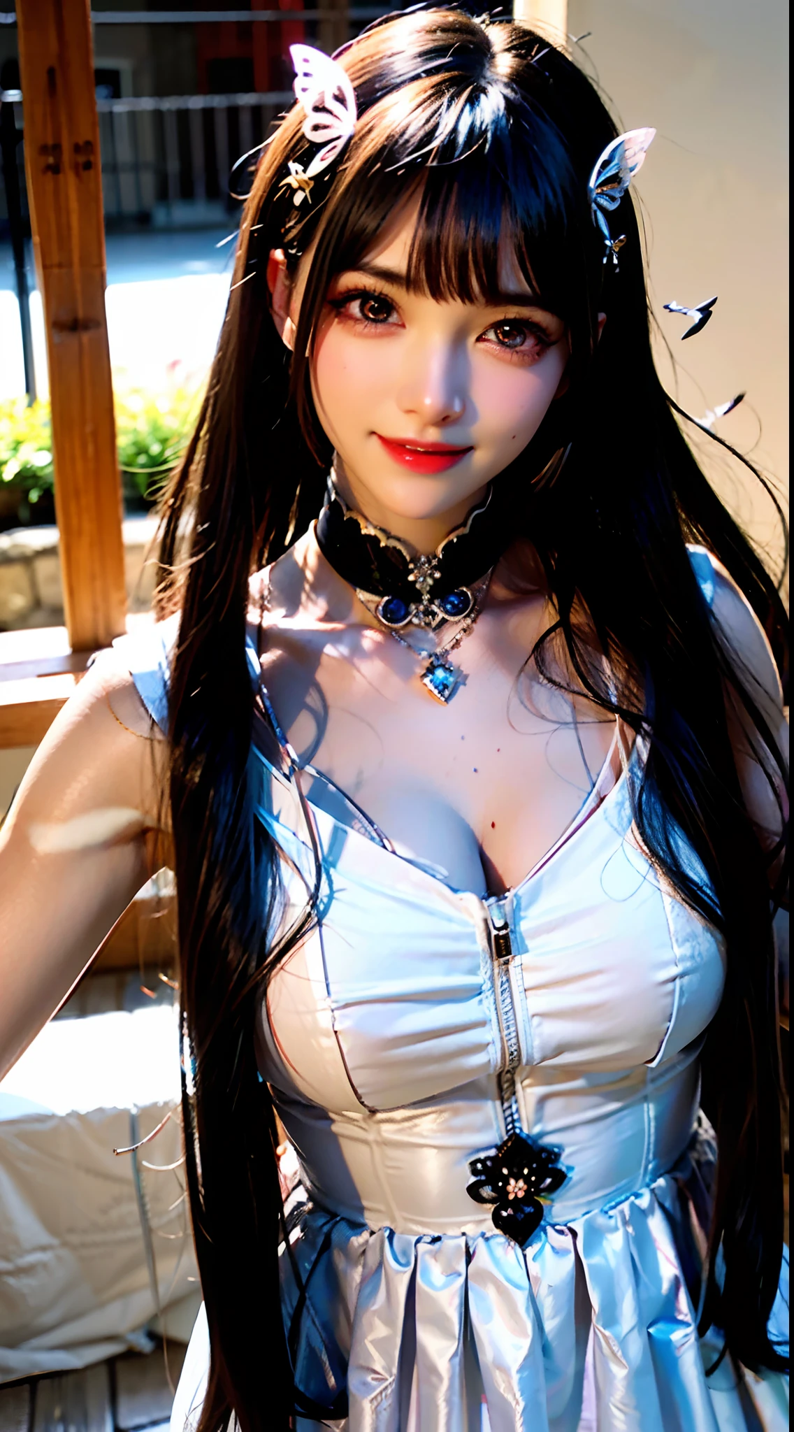 (Detailed eyes,Long eyelashes,Bright and colorful iris,Expressive eyebrows,Blend eyeshadow perfectly,Eyes sparkle,Reflective eyeballs),(Blonde 1。3 Lots of hair1。3 Delicate hair 1。2),(long skirt,floral patterns:1.4,),(Gorgeous and delicate glowing little butterfly hair ornament,brilliant colorful,Fine engraving,Shine brightly,The attention to detail,The jewelry is of high quality,Extremely high image quality)White Skin Skin,Seductive smile emoji,Close-up shot