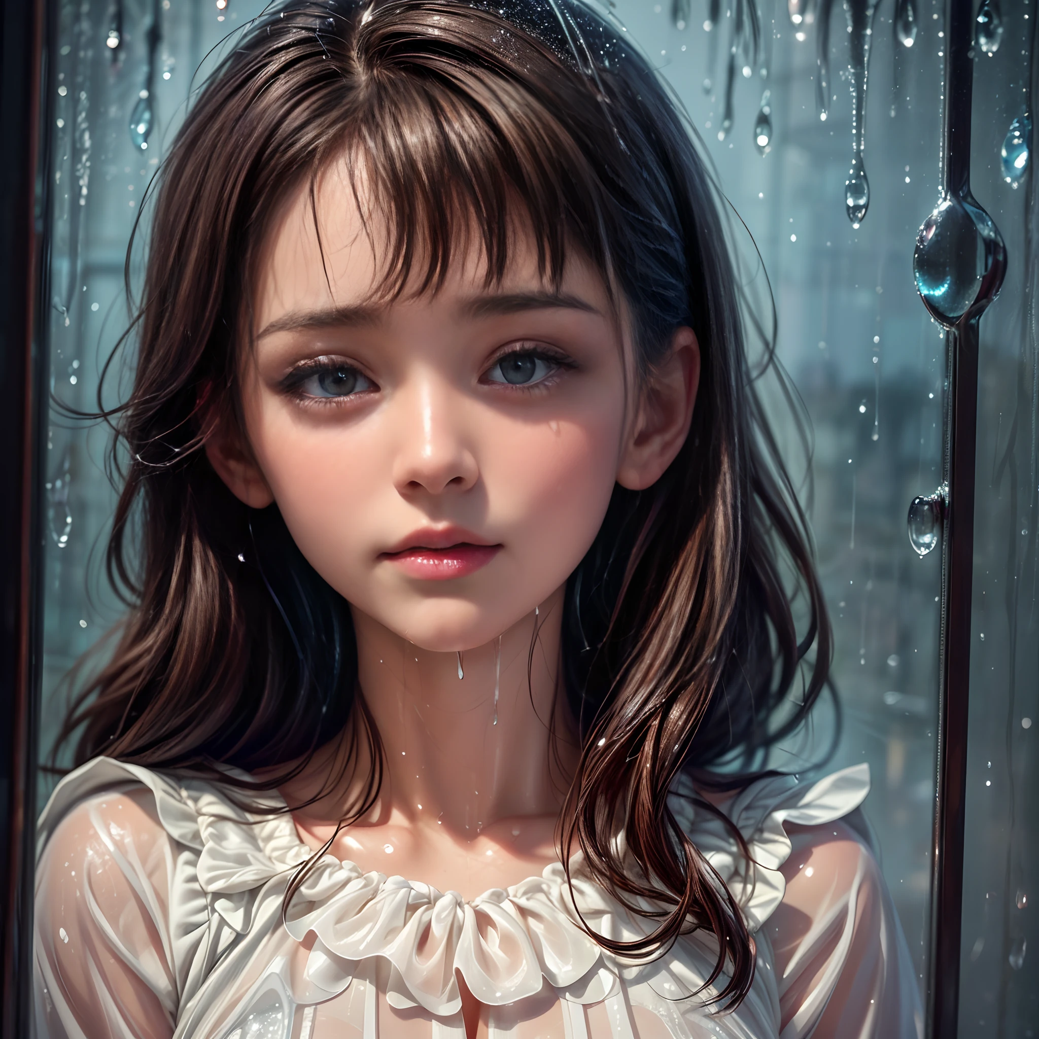 ((Photo through a wet glass with water droplets all over)), intricately detailed close up of a brunette woman crying under the rain looking up, night time with city lights, visible tears, sad face, still r rosy lips and cheecks, bokeh effect, backlit, best quality, best resolution