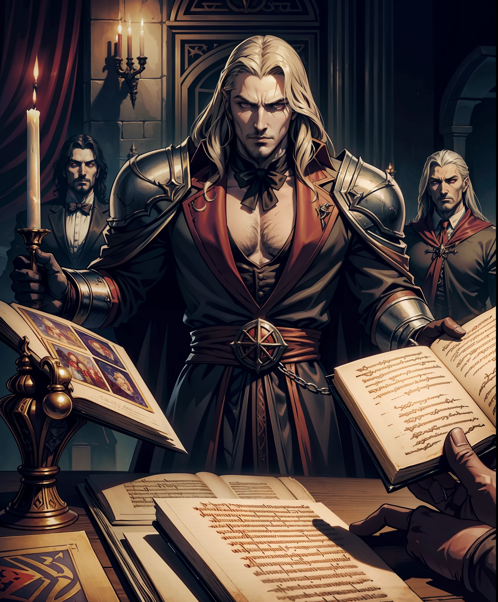 Castlevania Shadow Lord hyper realistic super detailed Dynamic shot centerpiece of Lord Dracula discussing ancient manuscripts with hyper realistic scholarly demons great scenes