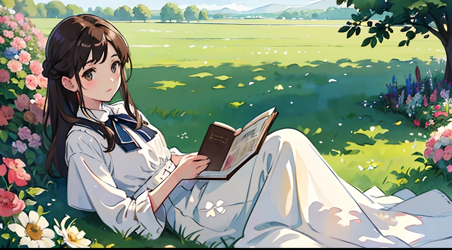 (Watercolor in Sargent style)、(top-quality、masterpiece)、Soft light、View of the Cotswolds,Old farmhouse、rivulets、flower bloom、One lady、dark brown hair、Braided hair、White blouse and long skirt、picnic、Draw a picture、sketchbook、