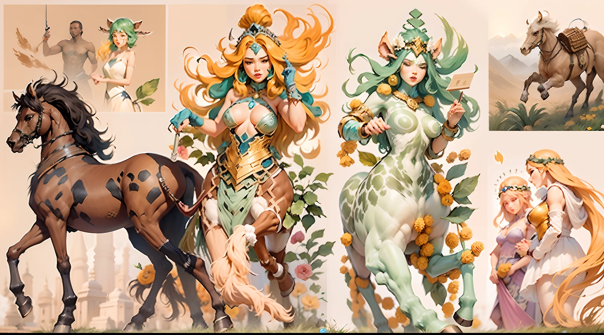 In the beautiful illustration of this super-grand scene，The ultra-distant lens shows us（Over eight separate and distinctive centaur characters：9.9），They all have their own characteristics，Vivid and interesting。Radiant from the heavens（Angelic centaurs：6.6），To nightmarish is（Centaurs surrounded by flames：6.6）、And then to the wind dancing in the air（Fairy centaurs：6.6）、And thunder and lightning surrounding（One-horned centaur：6.6），and shining metallic ones（Mechanical style centaur：6.6）、And then（A centaur with colorful dragon scales covering the whole body：6.6）The power is powerful、Elegant and agile（Elf centaur's slenderness：6.6）Gracefully wears a flower crown、Enchanting and charming（Tiflin centaurs：6.6）、Have the indescribable（Raised sexy：6.6）'s（Succubus centaurs：6.6）。Each character has their own unique charms and abilities。The illustration uses advanced artistic techniques and tools，（Use nesting、woven、stitching、ssee-through、arrange、grouping、Storyboards and other methods，Divide the scene into sections by geometric arrangement：9.9），Each section corresponds to a centaur character，This makes more efficient use of space。Through Midjourney's advanced brush tools、Color palette、Material packs and model packs、Texture tools，For each centaur, beautiful props are designed to increase racial characteristics、Clothing and physical features，（Enhances the character's personality and visual appeal：2.5），The scenery in the illustrations is stunning，There are changing skies、rainbowing、extreme light、Stars and Moon。Incorporating iconic landmarks such as Mount Everest，and fireworks、tranquil lake、Natural and urban elements of waves and neon lights，Creates a magical atmosphere，The centaurs display their unique abilities and equipment in a variety of environments，This is true even in extreme alien landscapes。（Use Midjourney's tools、Material packs、Texture tools、The color palette makes depicting details vivid and realistic：9.9），From complex hairstyles and as well as different racial traits、Body、Ap