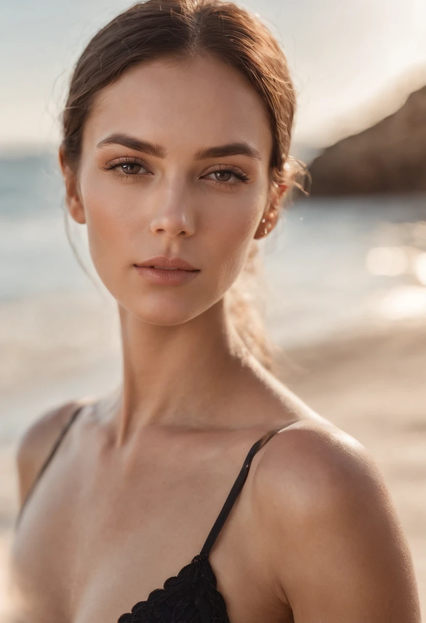 A stunning close-up portrait of a sultry model basking in the golden afternoon sun, wearing a sleek and perfectly fitted black bikini. Her smooth skin glistens, accentuating her radiant beauty. The photograph captures every intricate detail - from the intricate pattern of the bikini to the subtle freckles on her sun-kissed face. The composition is flawless, with the model's intense gaze captivating the viewer's attention. The background is a minimalist, neutral setting, allowing the model to take center stage. This realistic and detailed shot exudes sensuality and confidence, showcasing the epitome of beach glamour.