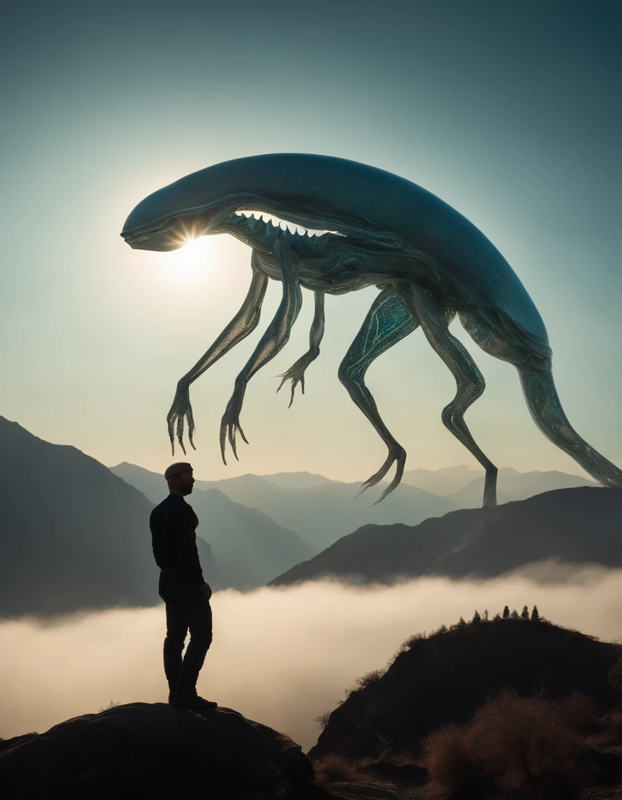 Photography of an ethereal, semi-transparent alien creature from another world. Its body is elongated, adorned with intricate patterns of bioluminescent markings that emit a soft, otherworldly glow. The alien floats gracefully above a mist-covered mountain peak, with the silhouette of distant peaks visible on the horizon. The composition is a wide shot, showcasing the alien's delicate figure against the vastness of the landscape. Soft, diffused lighting bathes the scene, lending it a dreamlike quality. The photographer skillfully captures the mystique and elegance of this enigmatic extraterrestrial being