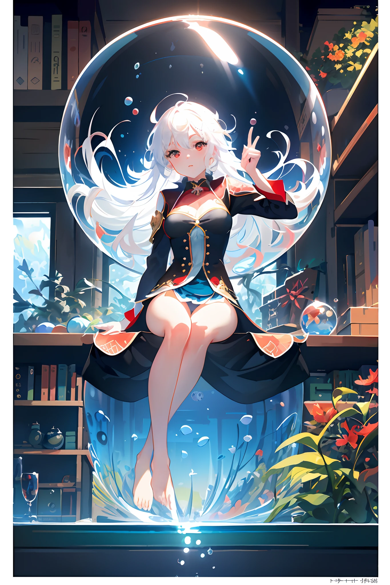 [(Transparent background: 1.5)::5],(((Masterpiece)))),(((Highest image quality))),((((Ultra)),Illustration,1 woman,Solo,Mysterious,Vivid color,Glossy,Underwater transparent sealed hemispherical glass dome, White hair, Red eye, Full body, Barefoot, Long hair, Quiet nature, Koi, Underwater, Dome, Close-up, Dynamic action, Lens perspective, (((Box configuration)))), Sitting Cross - Leaning with legs upright on a bookshelf (arm + hand + thumb + 4 fingers), (Impressionist: 1.4)