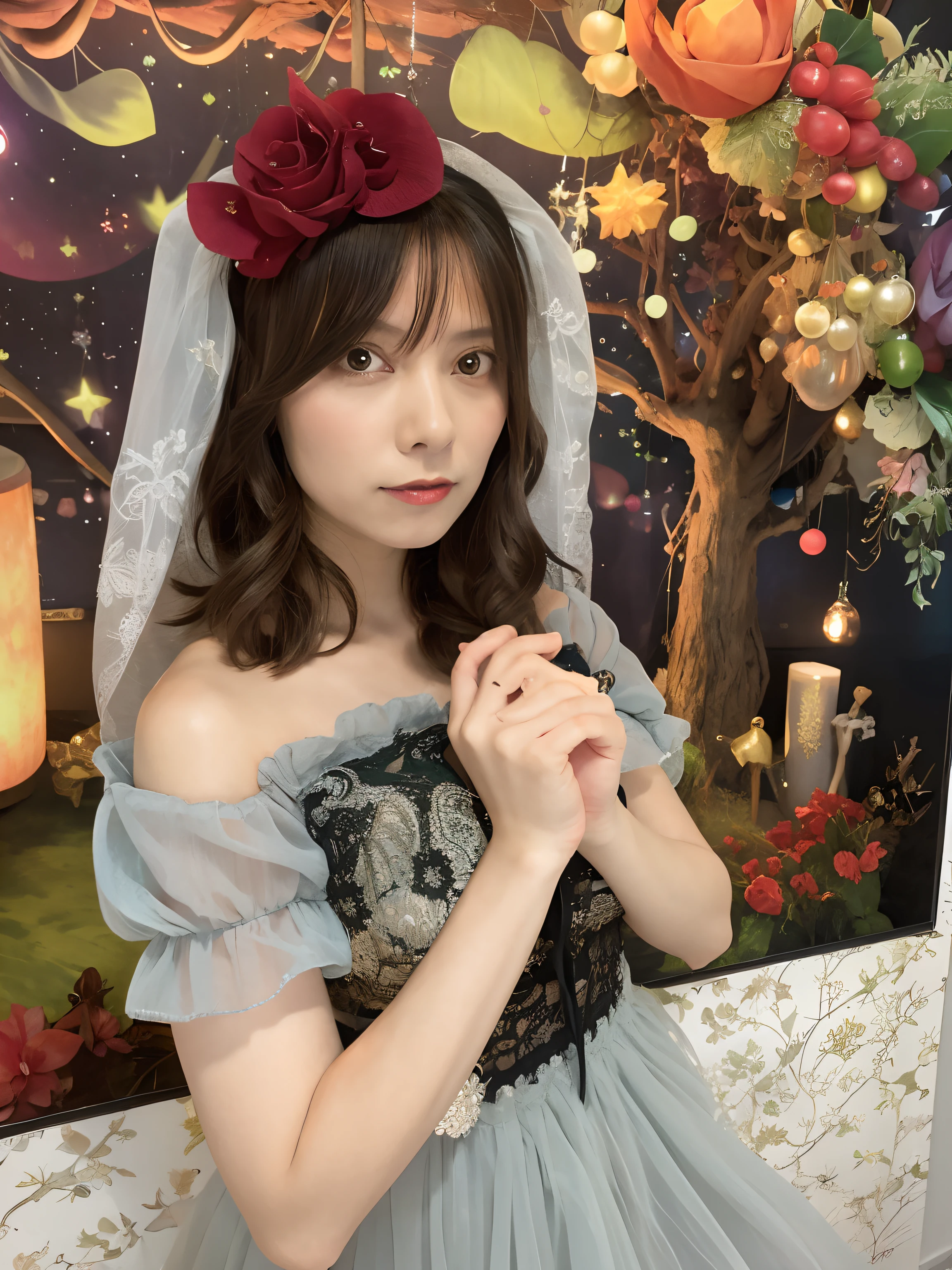 A woman in a dress and veil is taking pictures, fairycore,  portrait of the magical ta girl, Portrait of radical Loliirl, taken with canon eos 5 d mark iv, shikamimi, rei hino as a princess、Nashiko Momotsuki、large full breasts
