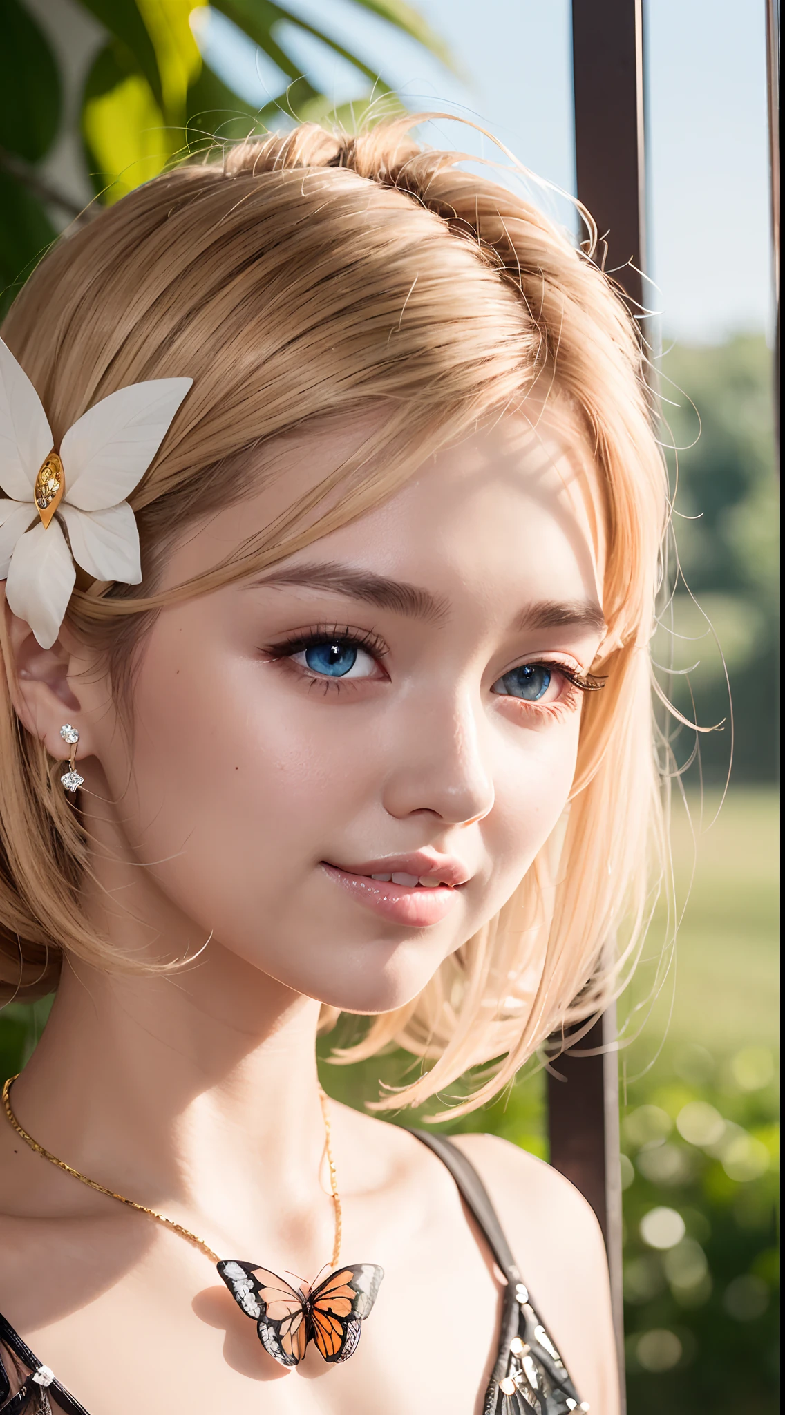 （Detailed eyes,Long eyelashes,Bright and colorful iris,Expressive eyebrows,Blend eyeshadow perfectly,Eyes sparkle,Reflective eyeballs），（Blonde 1。3 Lots of hair1。3 Delicate hair 1。2）,（Long transparent dress，floral patterns：1.4，），（Gorgeous and delicate glowing little butterfly hair ornament，brilliant colorful，Fine engraving，Shine brightly，The attention to detail，The jewelry is of high quality，Extremely high image quality）White Skin Skin，Seductive smile emoji，Close-up shot