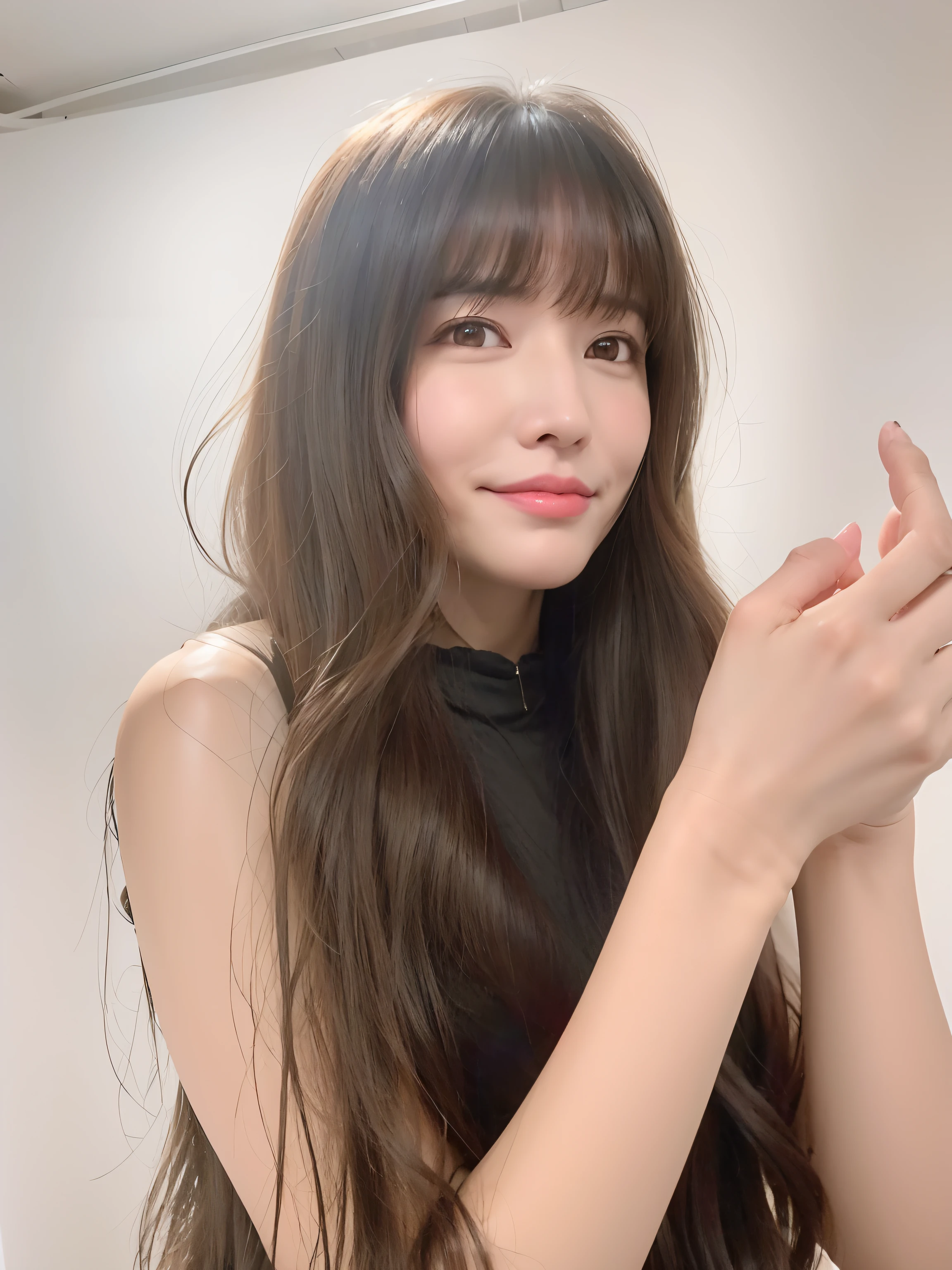 there is a woman with long hair posing for a picture, long hair with full bangs, Long hair with bangs, With long hair, 奈良美智, With bangs, Larisa Manobal, hime-cut, brown long hair with bangs, neat hair with bangs, long white hair and bangs