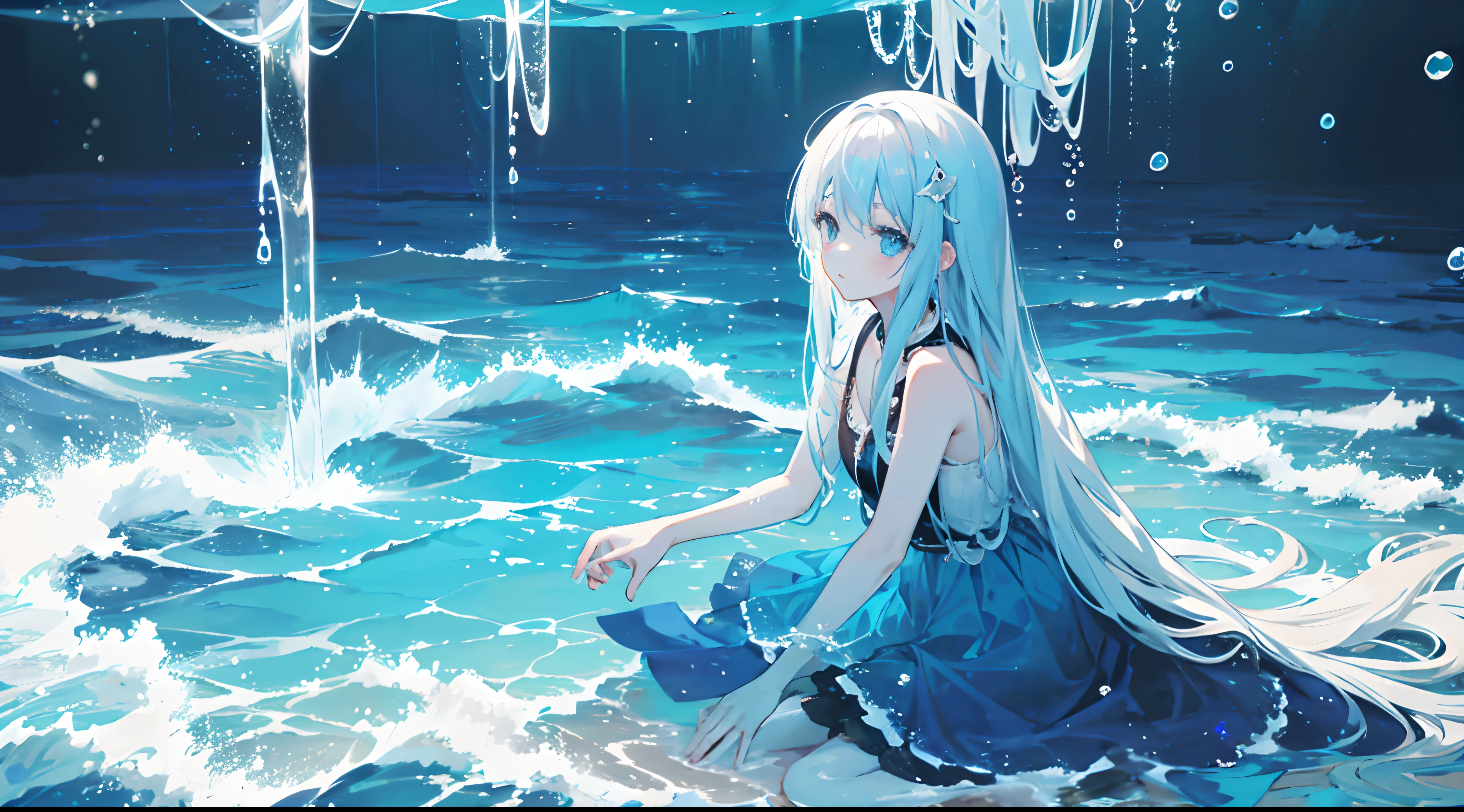 murky、ocean floor、In the sea、waterface、Sea surface、Bright on top、under the water、foam、A black、Fantastical