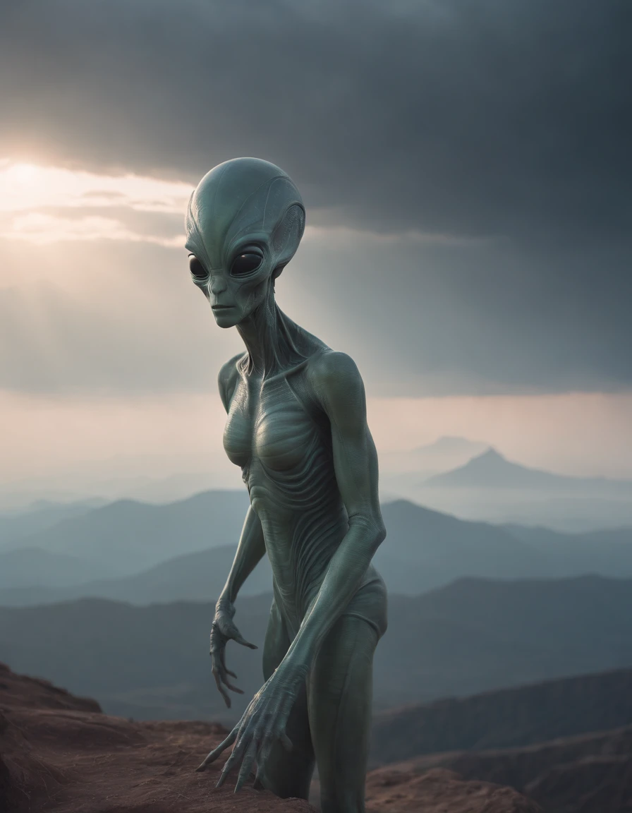 Photography of an ethereal, semi-transparent alien creature from another world. Its body is elongated, adorned with intricate patterns of bioluminescent markings that emit a soft, otherworldly glow. The alien floats gracefully above a mist-covered mountain peak, with the silhouette of distant peaks visible on the horizon. The composition is a wide shot, showcasing the alien's delicate figure against the vastness of the landscape. Soft, diffused lighting bathes the scene, lending it a dreamlike quality. The photographer skillfully captures the mystique and elegance of this enigmatic extraterrestrial being
