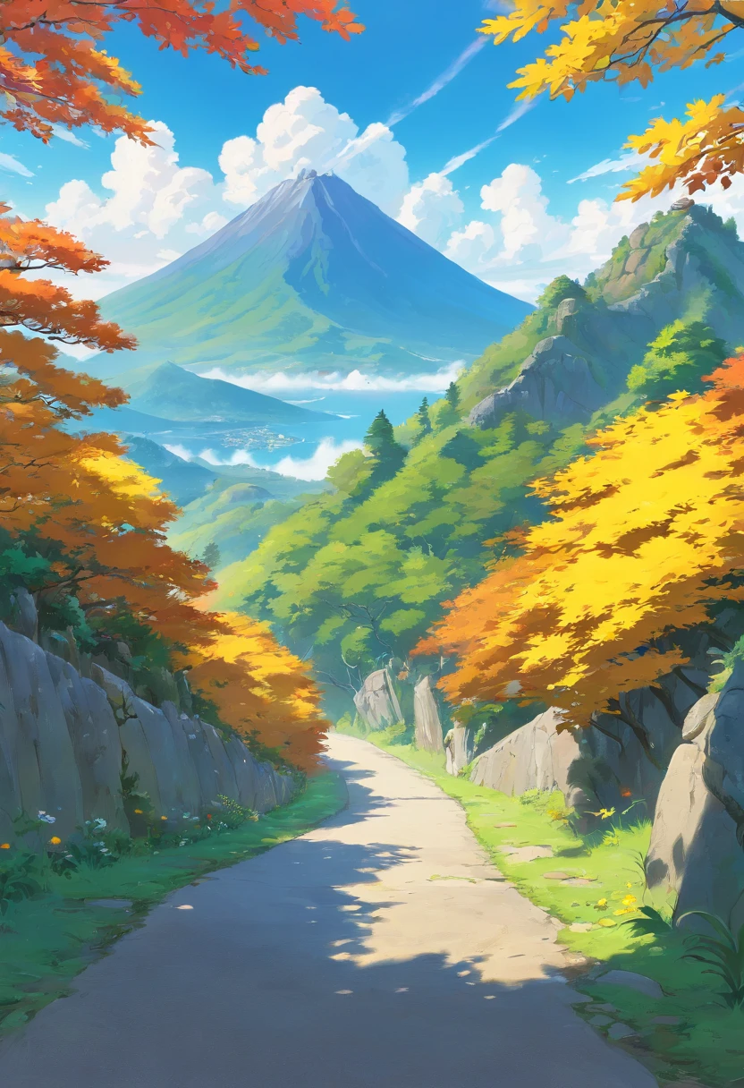 with blue sky and white clouds,Upward winding mountain road,The way up,Cloud fog,No Man,the trees,autumnal,The foreground is a chrysanthemum,chrysanthemums,Yellow chrysanthemum,