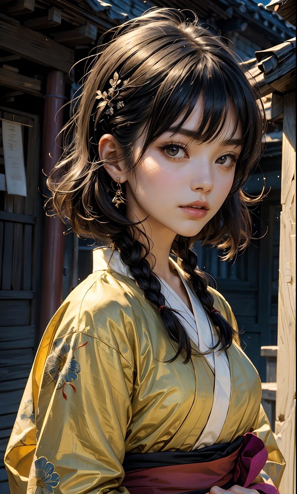 ((top-quality、masterpiece:1.3))、sharp:1.2、Perfect Body Beauty:1.4、((Layered hairstyle))、(Kimono:1.1)、(shrines:1.2)、Highly detailed facial and skin texture、Detailed eye、二重まぶた、((short-length hair))、boyish、Cool、((unisex))、big eye、bangss、((One Woman))、Black eyes、tying hair、hair adornments、