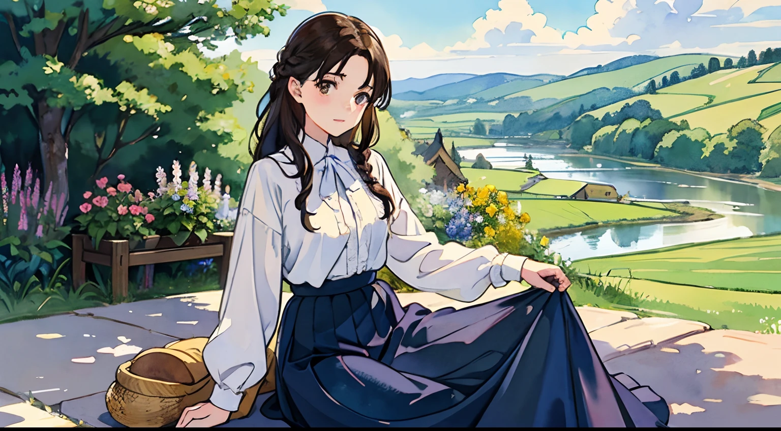 (Watercolor in Sargent style)、(top-quality、masterpiece)、Soft light、View of the Cotswolds,Old farmhouse、rivulets、flower bloom、One lady、dark brown hair、Braided hair、White blouse and long skirt、picnic、Playing by the river、Lift the bottom of the skirt、