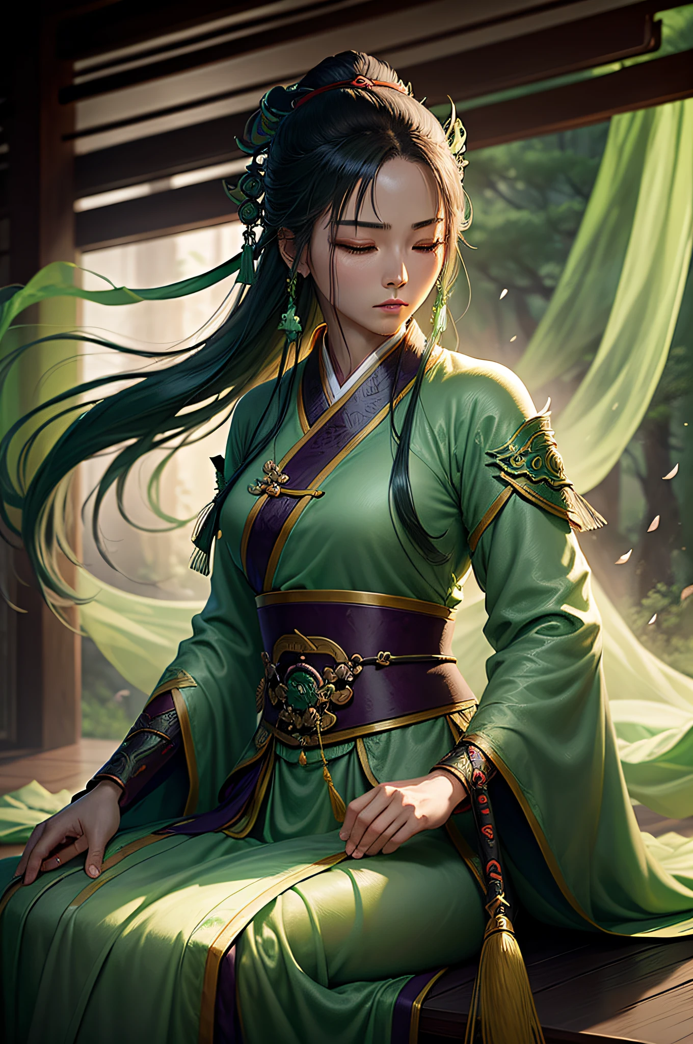 Mystical female warrior from Chinese Wuxia novels, dressed in green long robe, eyes closed in meditation, ethereal atmosphere, traditional ink painting style, soft lighting, focused composition, Canon EOS R5, shallow depth of field