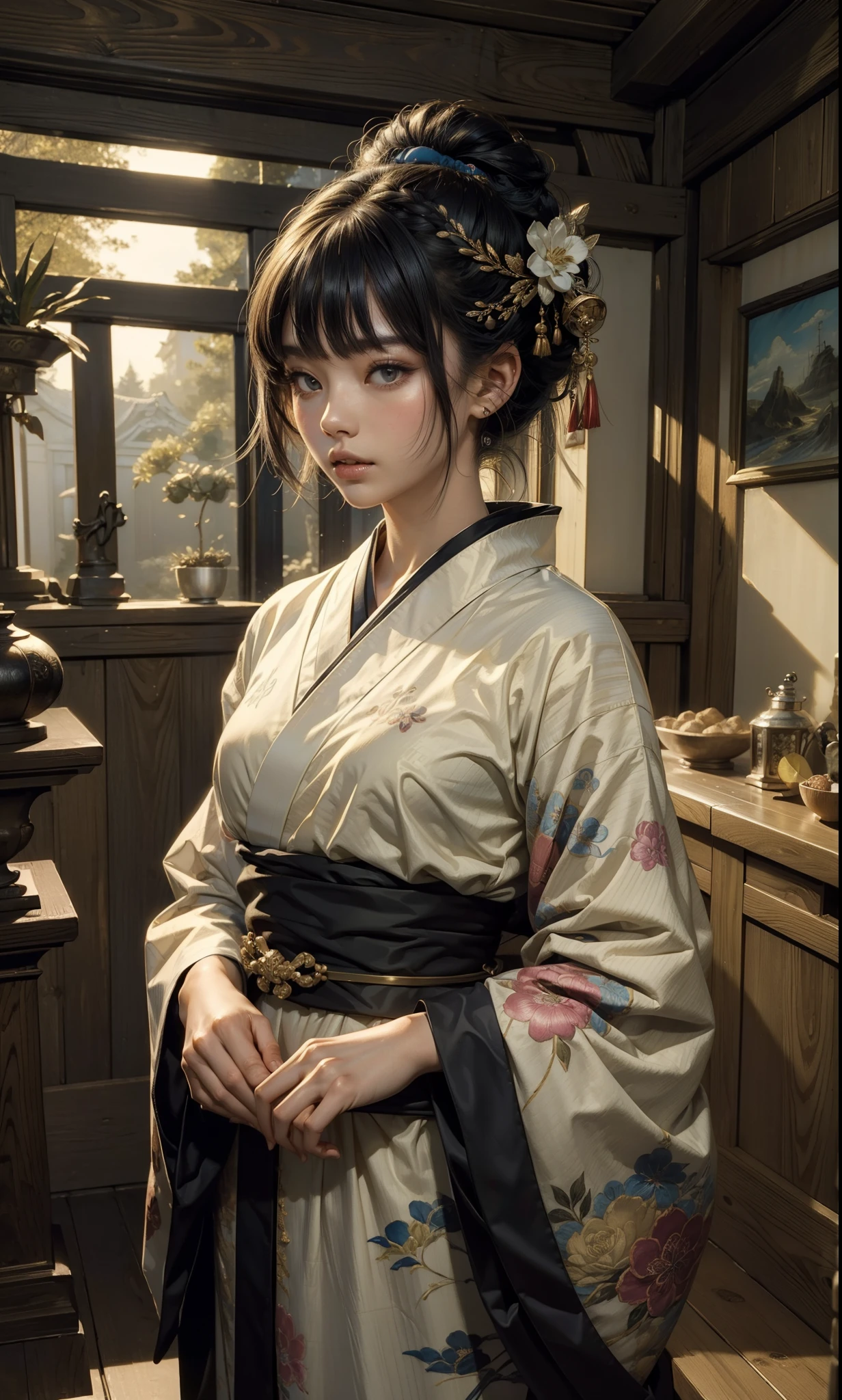 ((top-quality、​masterpiece:1.3))、sharp:1.2、Perfect Body Beauty:1.4、((Layered hairstyle))、(Kimono:1.1)、(shrines:1.2)、Highly detailed facial and skin texture、Detailed eye、二重まぶた、((short-length hair))、boyish、Cool、((unisex))、big eye、bangss、((One Woman))、Black eyes、tying  hair、hair adornments、
